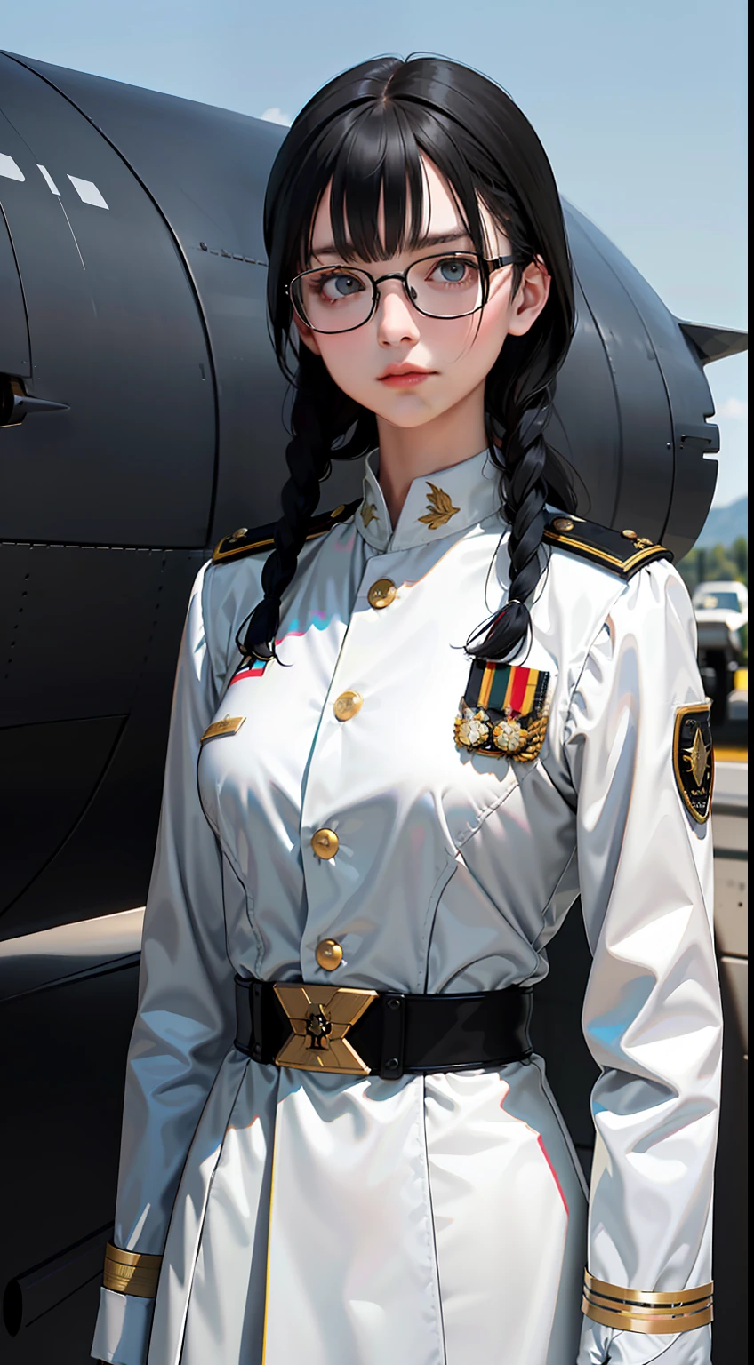 Modest outfit, remote shot, detailed beautiful delicate face, detailed beautiful delicate eyes, perfect facial proportions, high-definition skin, fine skin, four-inch best ratio. With one thumb, a masterpiece, highly detailed, realistic, (World War II German general uniform reference : 1.8), the highest face resolution, adult, modestly dressed woman, dressed entirely, ( small, black hair, black straight bangs, super fine braids, straight bangs, red glasses, dark green eyes), future, science fiction, fighter plane, standing On the landing of a fighter plane, the government agency, a deep intelligent personality, a calm expression, a respectful face, a war, a fighter plane