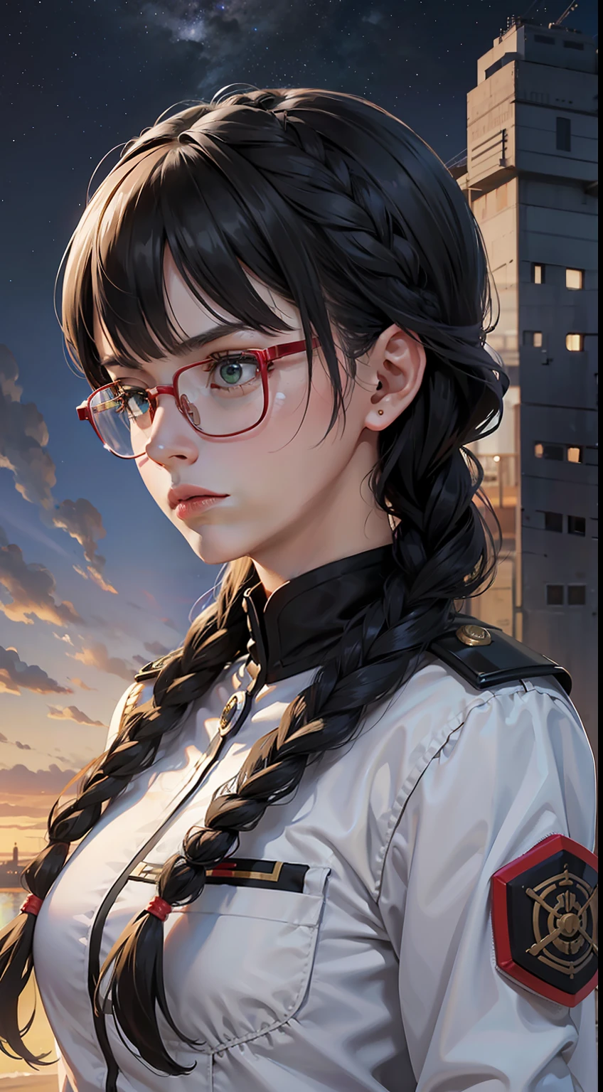 Movie Poster,((Braid Hairstyle : 1.5)),Anime Reference 86 ,Science Fiction,Sci-Fi,Movies,War Action Movies,Space,Atmosphere,Sky,Battleship,Multiple Characters,Women,Adults,Green Eyes,Black Hair,(Pia bangs hairstyle) : 1.8 ),(Red Glasses),General Uniform,White Commander Uniform,Serious Face Frowning,Realistic Face Detail,Realism,3D Face,