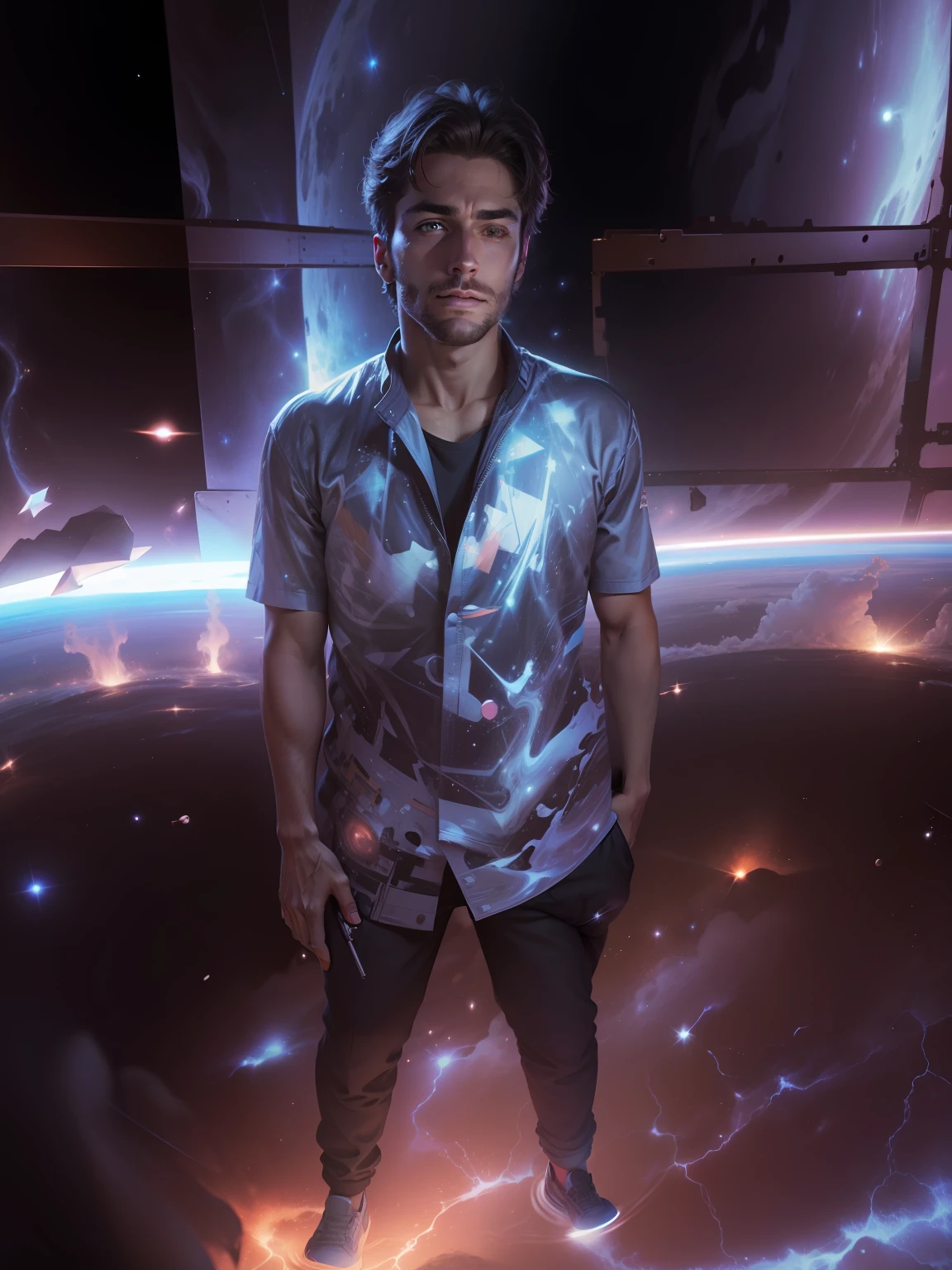 Background in space and handsome ultra realistic photo ultra realistic face
