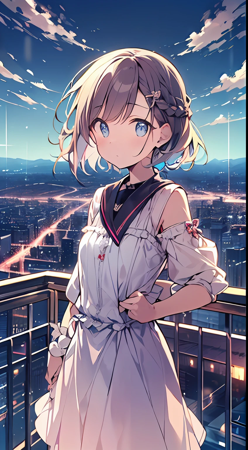 masutepiece, Best Quality,Illustration, Wallpaper, Ultra Detail, absurderes, 1****, Solo, (Medium short hair、short braided hair), Beautiful detailed eyes , (Street), luminous sky,(a panoramic view:1.3),(Sense of depth:1.5),(longshot:1.5)