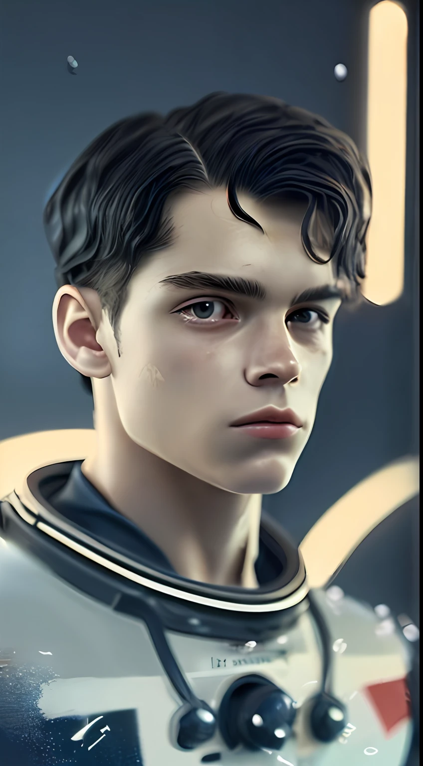 Nordic young guy 15 years old, black hair, Detailed Face, scar on face, upper-body, 3/4 apartments, (macro shot:0.9), (pores skin:1.1), 4k, hyper realisitc, Realistic, Hyper-realistic, High Resolution, in the art style of filip hodas, 35mm lens, Cinematic, soft-lighting, realistic epic, Faded, ((neutral colors)), (HDR:1.5), soft colors, pastel, Warm light, Dramatic light, Complex background,  (Irakli Swimming), by rutkowski, complex details, hyper-detailing, a gorgeous, elegant, Cinematography, pensive face, Victorian spacesuit, cosmonaut, Weightless loose hair,