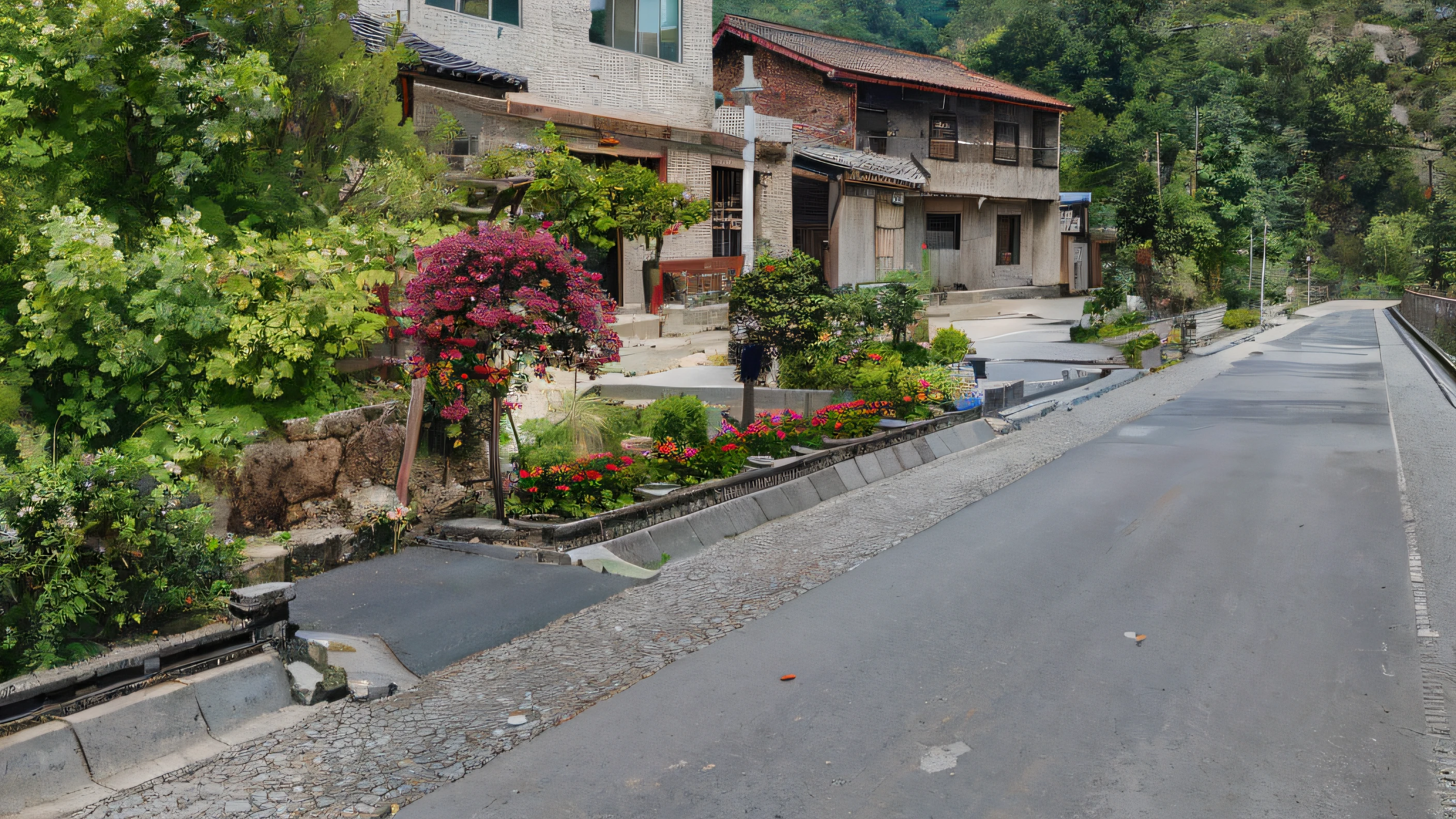 sloping street, residential area, detailed street, tar roads, photorealistic streetscape, Chinese village, small village, gardens with flower beds, realistic photo of a town, streetview, photorealistic landscapes, Village, Beautiful image, landscape architecture photo, detailed surroundings