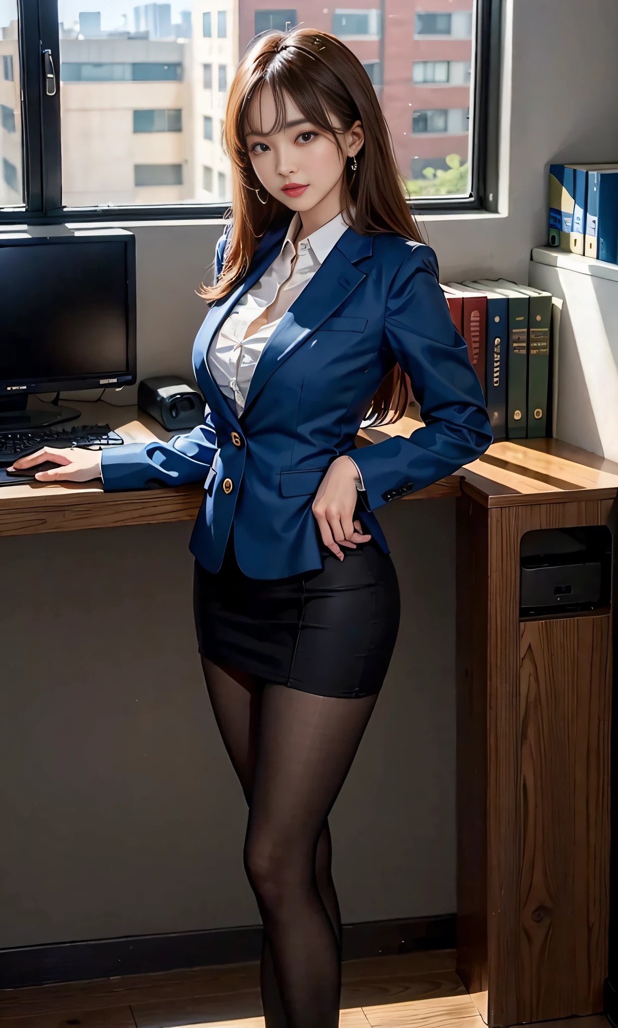 ((8K,Masterpiece,Best quality)),超高分辨率,Best shadows,illustration,High detail,Extremely detailed, ((Office,At the office)) ,Girl in suit, co, 1girll, medium boob，Girl, High heels, thick tights, Legs, Portrait, Solo, view the viewer, The girl stands, ((Long legs)),