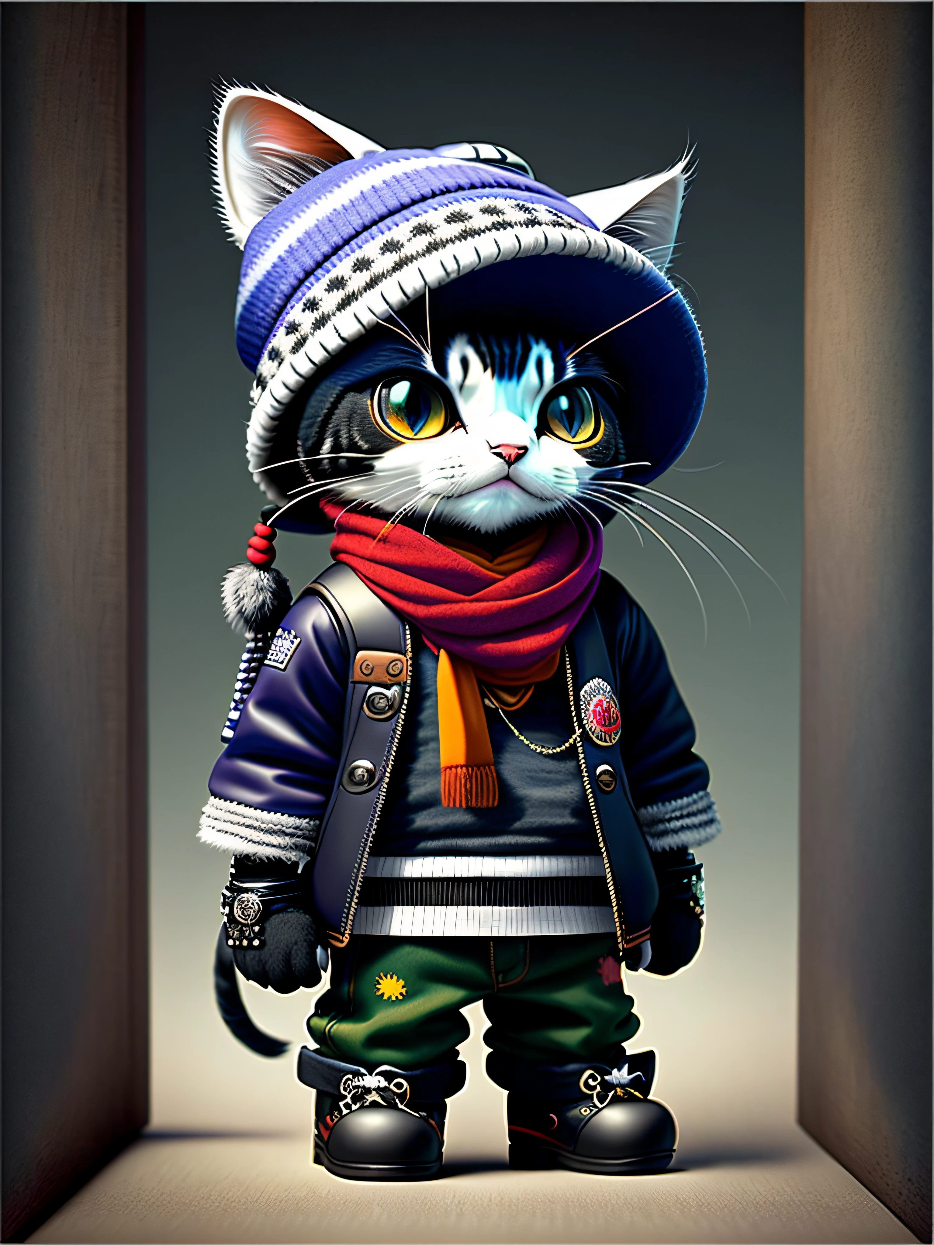 Picture of a cat in a hat and scarf,trends in art station,Wear punk clothes,Ultra-realistic detailed rendering,British gang members,Urban style,intimidating pose,planet of cats,fashionable attire,urbansamurai,Mewtwo,West Slavic features, 8 1 5,Main view and side view,3*3 format images,Pictures show expressions from different angles