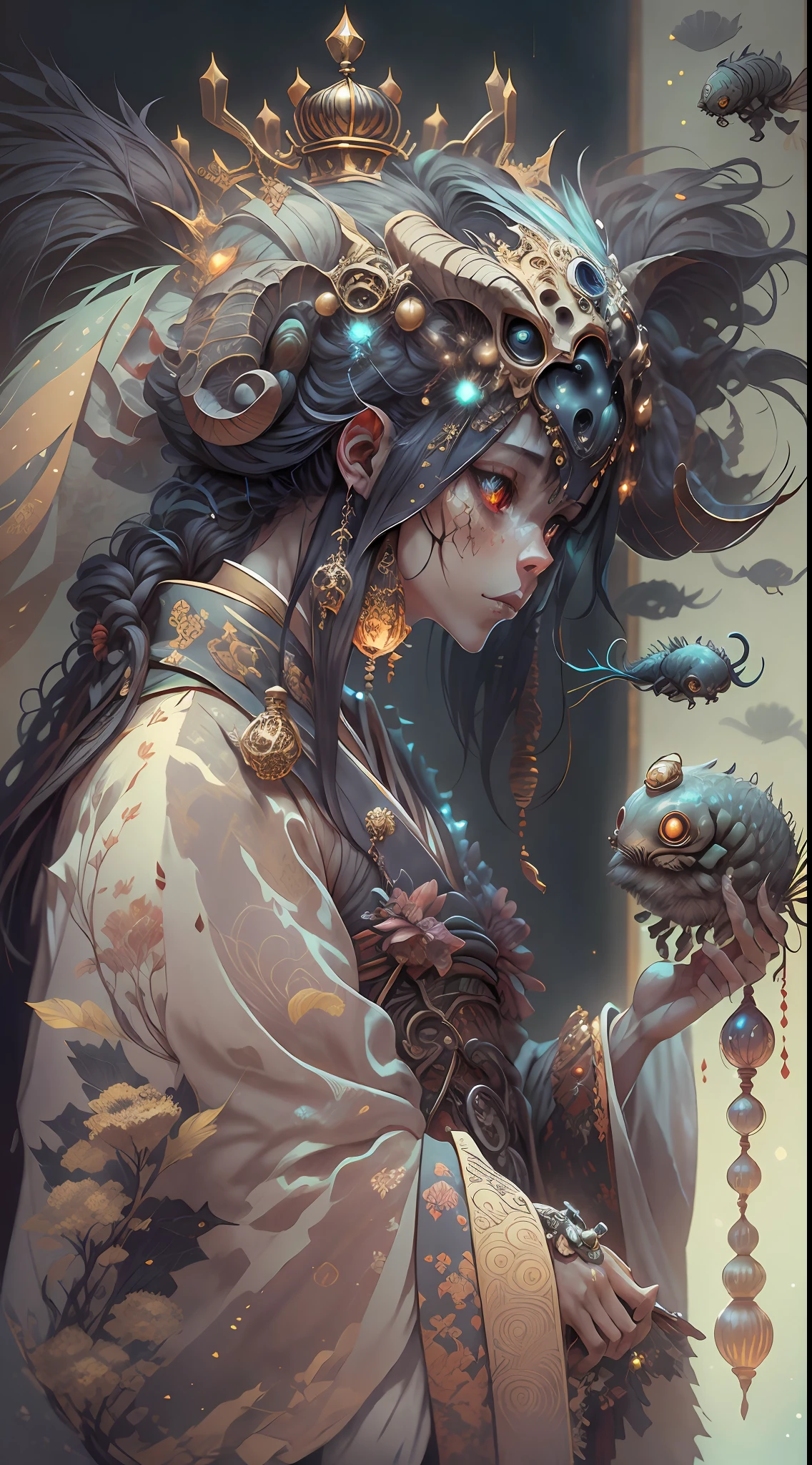 3D closeup of young handsome aristocrat - profile portrait with crown,Ram skull。Beautiful and complex Japanese crow, Fox mask and breadcrumbs Japanese kimono。a betta fish, jellyfish pheonix, Bio-luminescence, Plasma, icey, Eau, ventania, organism, Wu Ya and WLOP and works by Bippel and Greg Rutkovsky, creature00d, (Amber theme:0.7), mtu, mathematician,