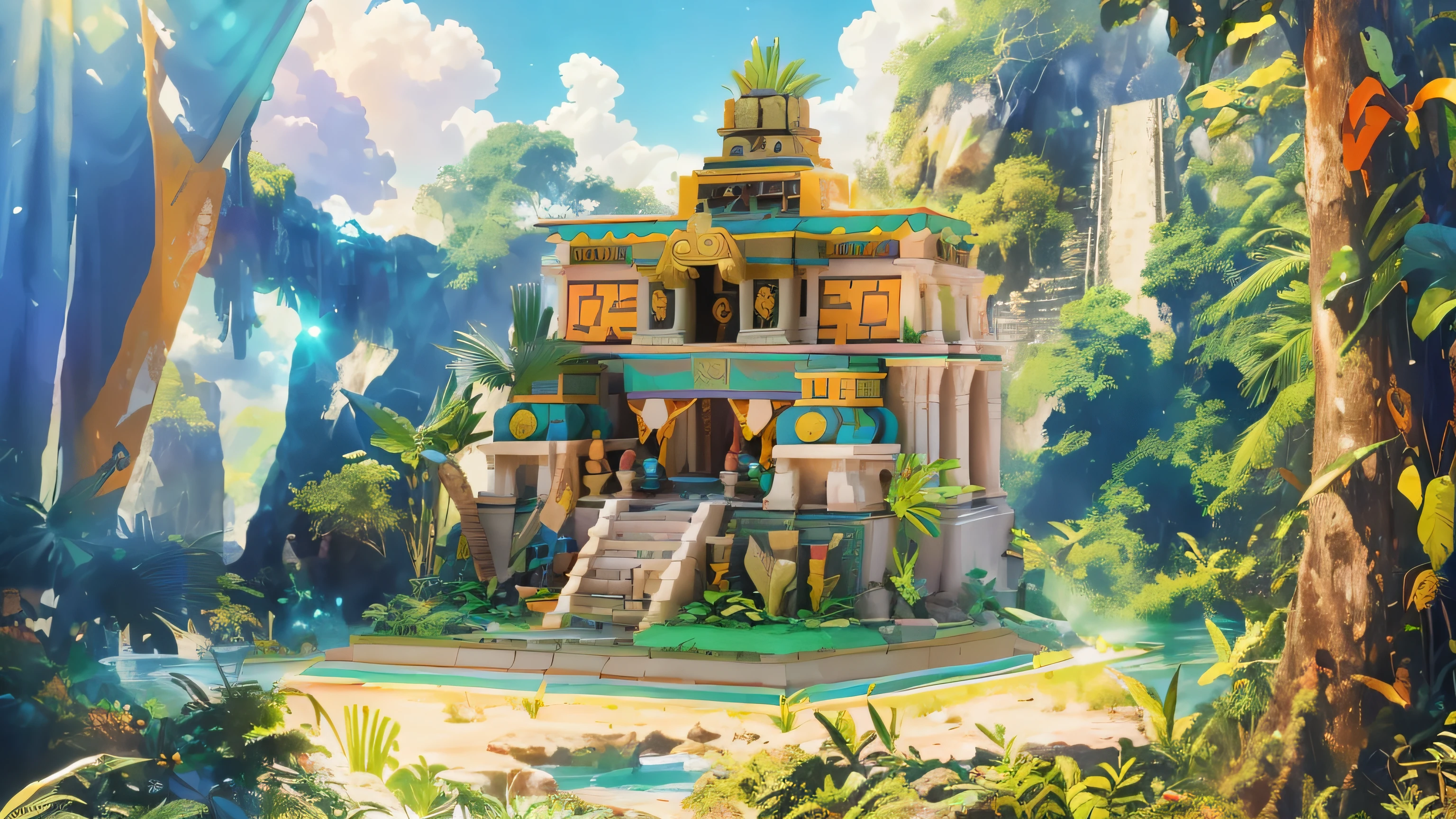tmasterpiece,Best quality at best,high qulity,Detailed details,(Bright colors),(The sun shines in direct light),extremely detailed CG unity 8k wal,Deep in the dense jungle there is a monument of interest,Mayan civilization,Sanctuary,Amerindian culture,African primitive tribal totem,Illustration style,Original art style,