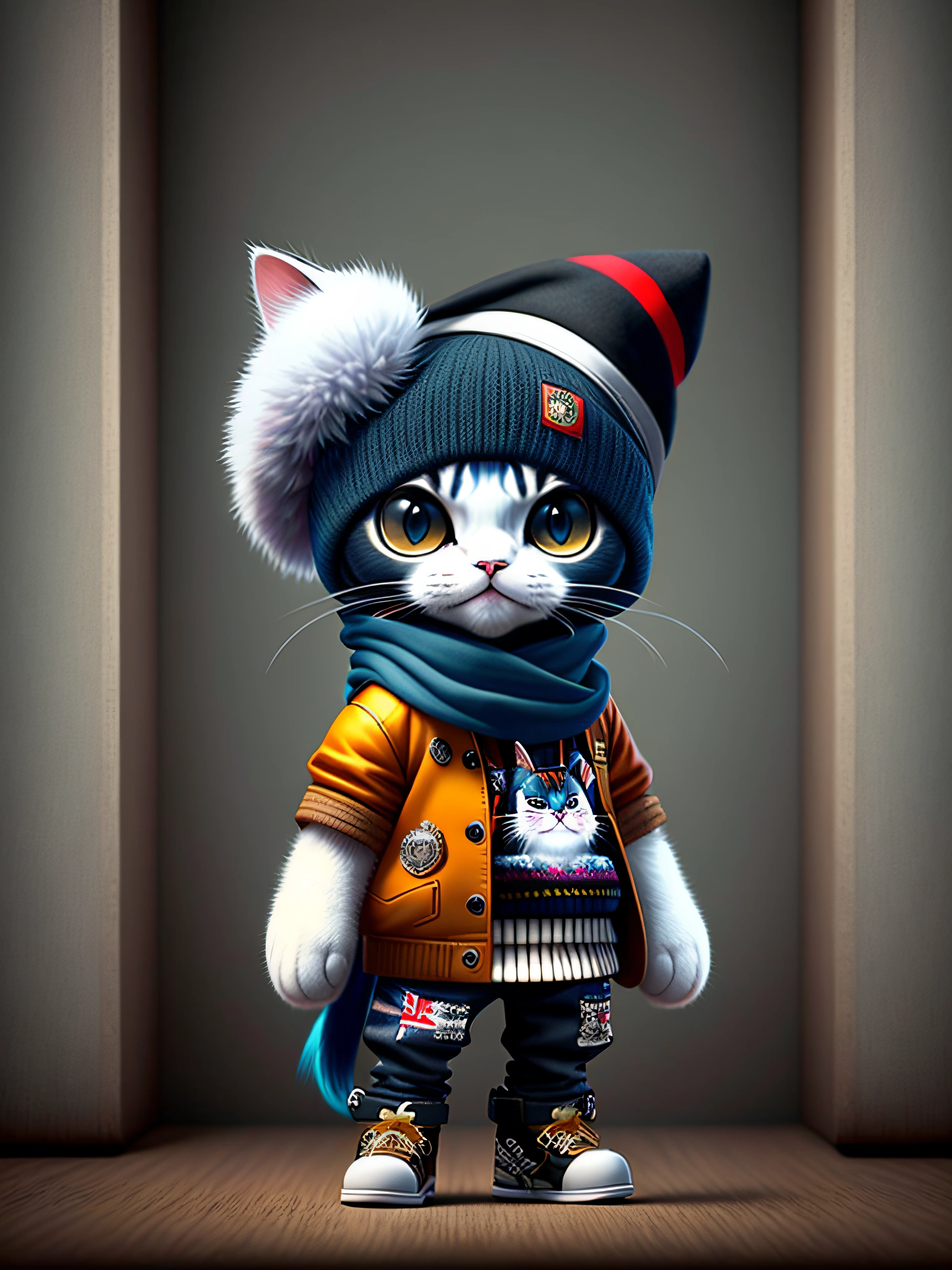 Picture of a cat in a hat and scarf，trends in art station，Wear punk clothes，Ultra-realistic detailed rendering，British gang members，Urban style，intimidating pose，planet of cats，fashionable attire，urbansamurai，Mewtwo，West Slavic features， 8 1 5，Main view and side view，3*3 format images，Pictures show expressions from different angles