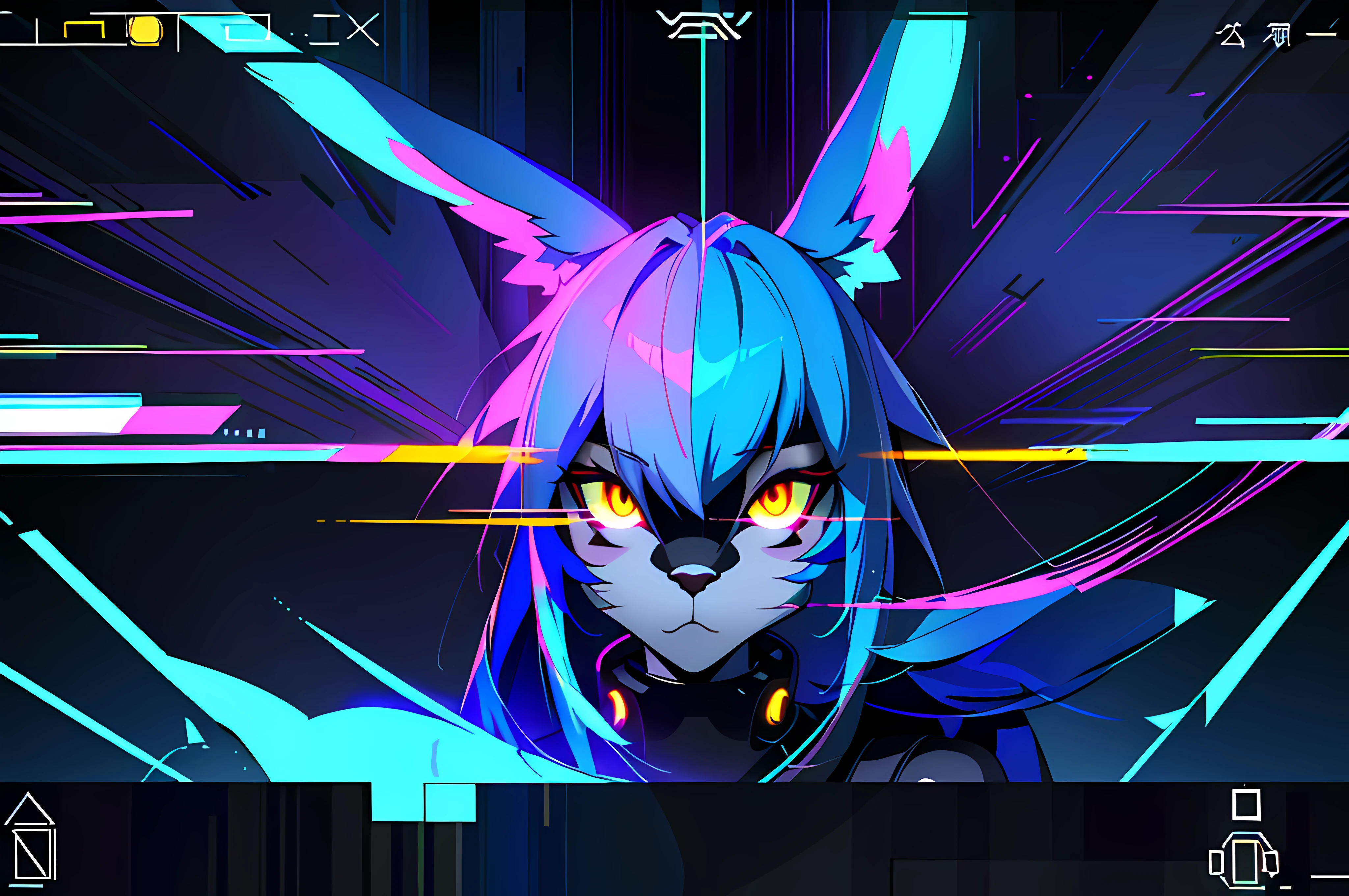 (vintage vhs), (crt screenshot), (Zen, Amy Sol style), (((blue anthro kemono furry rabbit))), underground cavern shining flashlight in old ruins, scene from a show about a blue anthro furry kemono rabbit who investigates deep space crime, (vast decrepit scenery:1.2) blame! style, nightmarish illustration, glowing eyes everywhere, intense eye contact, hybrid human / anthro, electrixbunny, rabbit anthro portrait, ((portrait)), bunnypunk, weirdcore voidpunk fursona, wearing bunny ears, cover art with light abstraction, abstract, simple vector art, contemporary Cybernetic art, color gradients, soft color palettes, layered forms, whimsical animation, style Ethereal abstract, 4K, --v6
