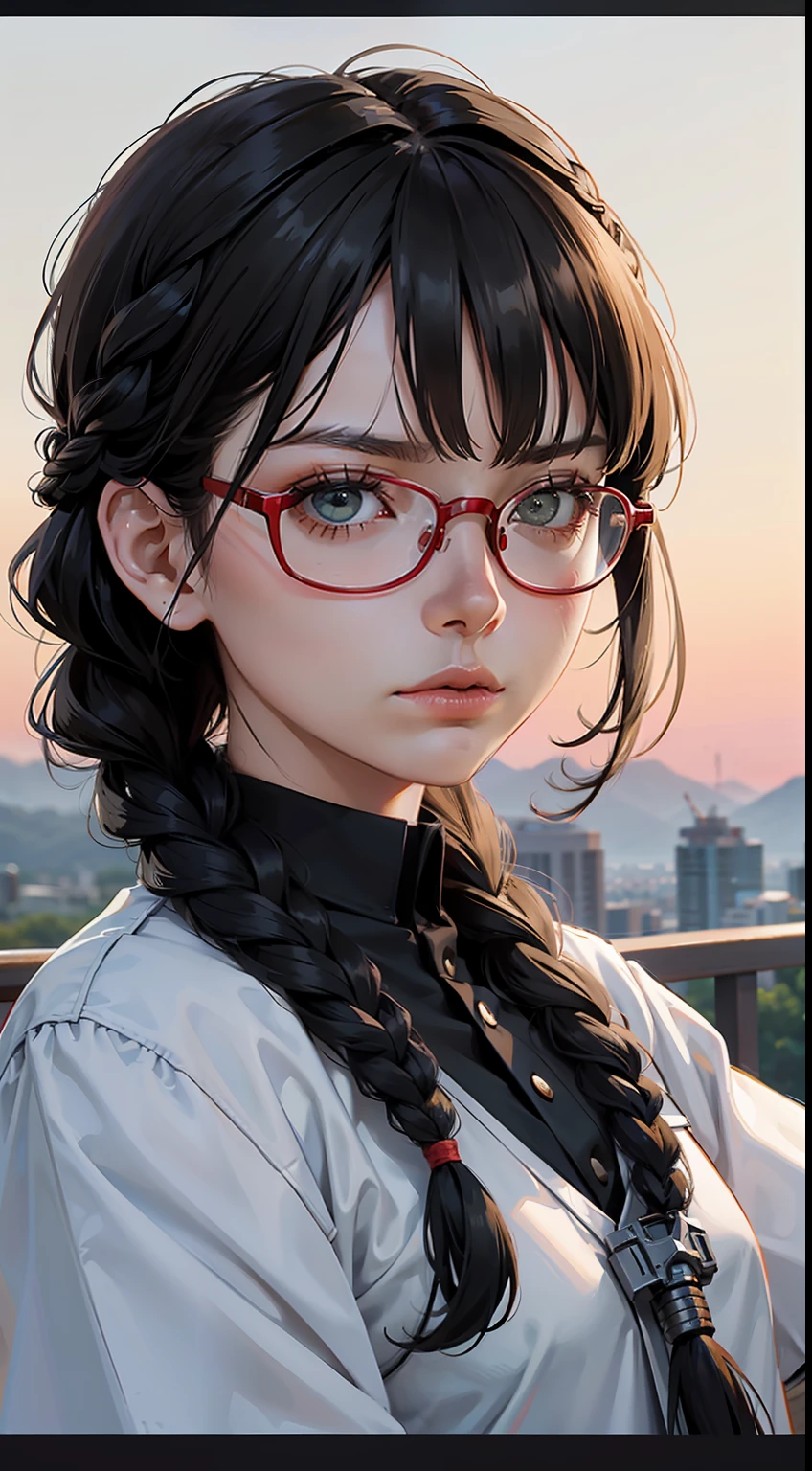 Movie Poster,((Braid Hairstyle : 1.5)),Anime Reference 86 ,Science Fiction,Sci-Fi,Movies,War Action Movies,Space,Atmosphere,Sky,Battleship,Multiple Characters,Women,Adults,Green Eyes,Black Hair,(Pia bangs hairstyle) : 1.8 ),(Red Glasses),General Uniform,White Commander Uniform,Serious Face Frowning,Realistic Face Detail,Realism,3D Face,
