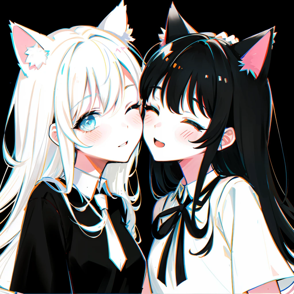 The two girls kissed each other,With his eyes closed，Face to face，+Detailed_face,_Eyes, The upper part of the body,cat ear，adolable，Close-up, Sketch, Flat color