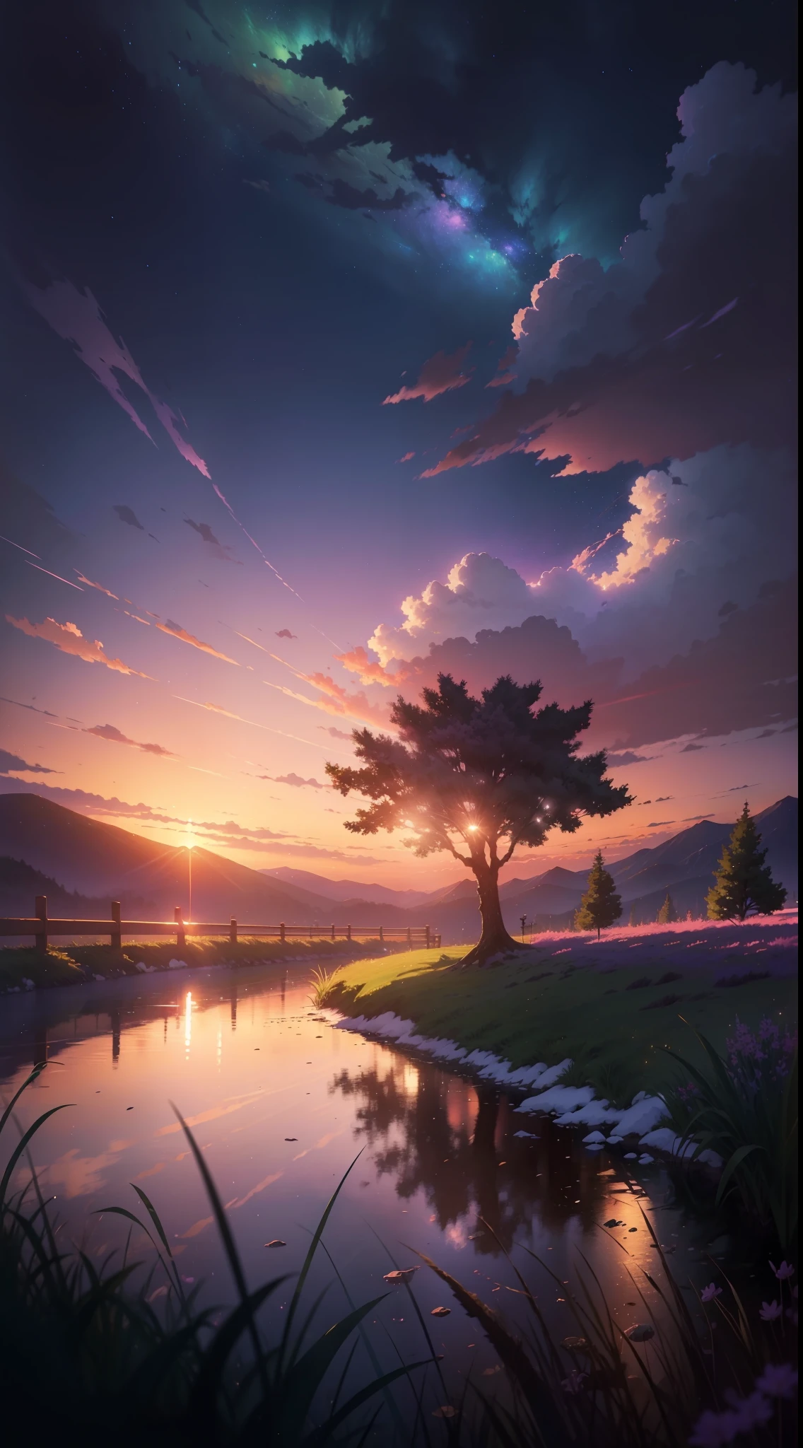 The picture is bright and well lit. no humans. (((Makoto Shinkai style)),pixiv,anime drawing,high quality,pink purple sky,beautiful scene),(universe,train passing,magical realism,((makoto shinkai style)) ::0.8), [Artistic Atmosphere, Atmosphere:0.8, Starry Sky, Hills, Snow Mountain, Sparkling Water, Grass, Trees, Smoke, Stars, Low Angle of View, Specular Scattering,