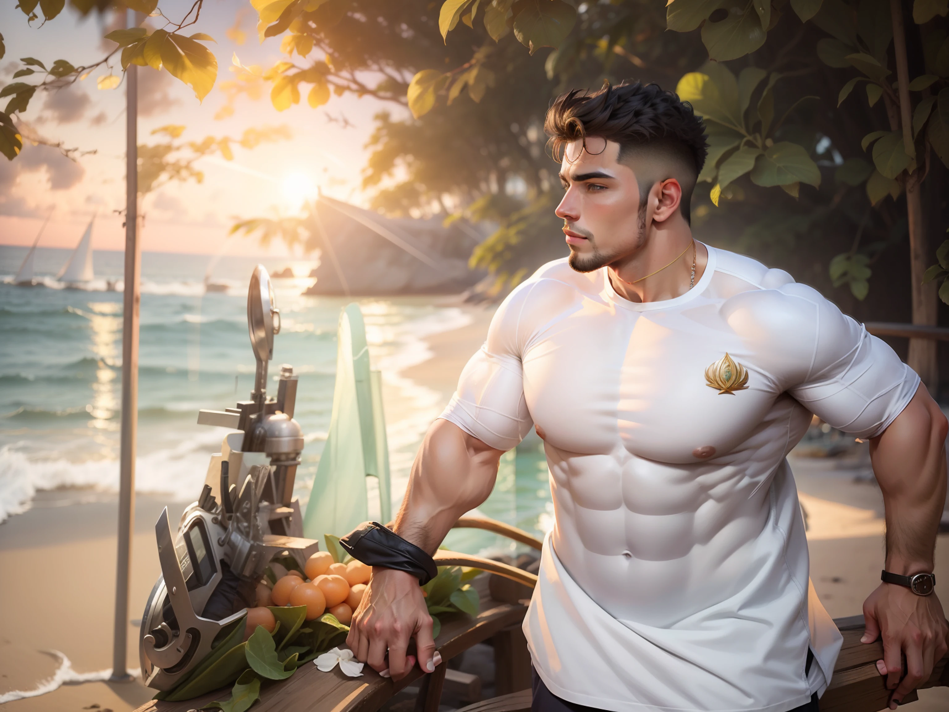Change background sea side handsome boy bodybuilder