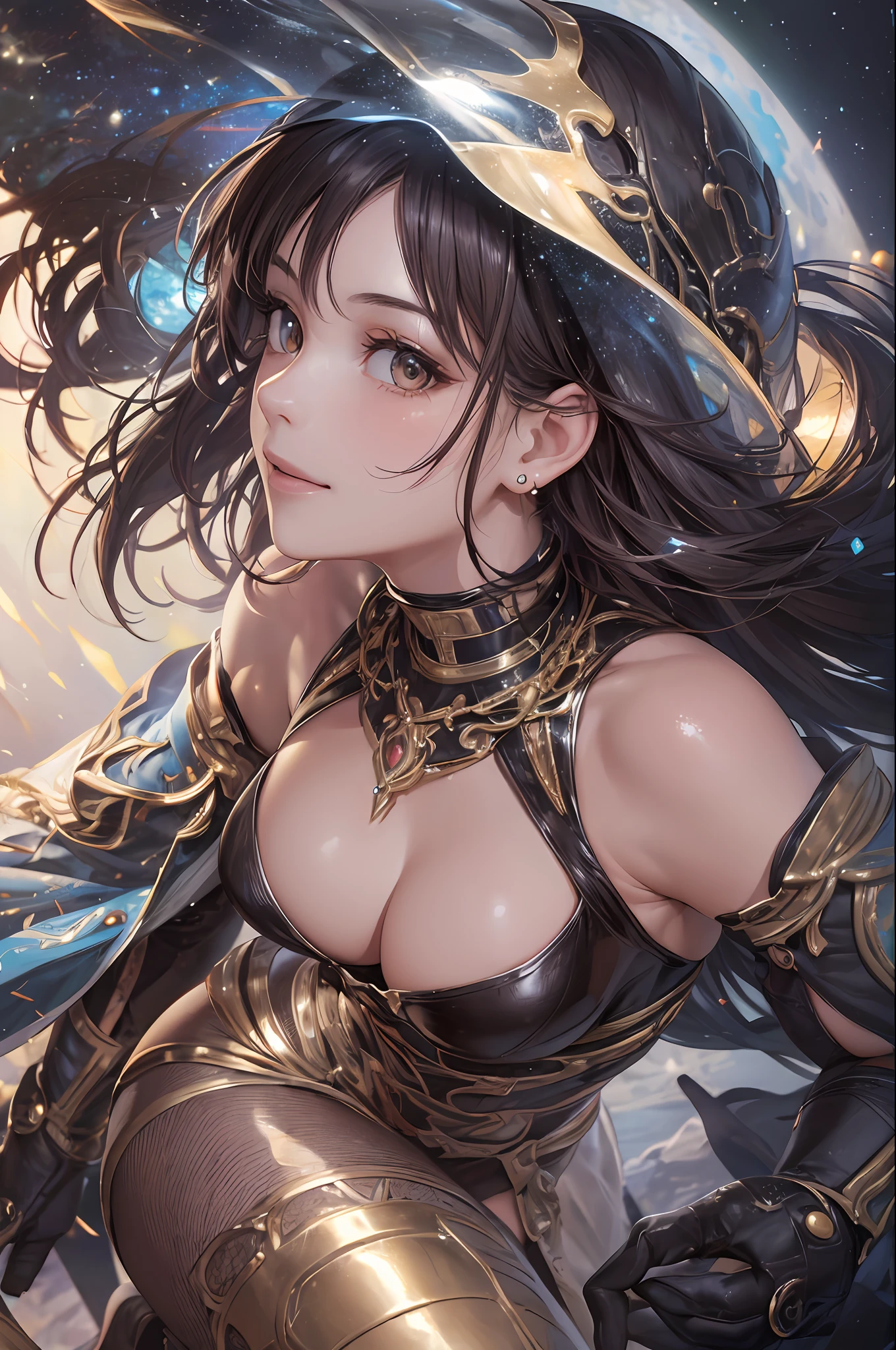 tmasterpiece,Best quality at best,1girll,Young girls,with brown eye,short detailed hair,joyful smile,shiny skins,(nice leg line:1.3),fine thighs,big breasts thin waist,Casque spatial,tiese,battle garment,high light,outerspace:1.2,depth of fields, Real materials,real human skin,(((ultra detailed))), (((best quality))), (((masterpiece))), highres, 8k, anatomically correct, UHD of frame --auto --s2