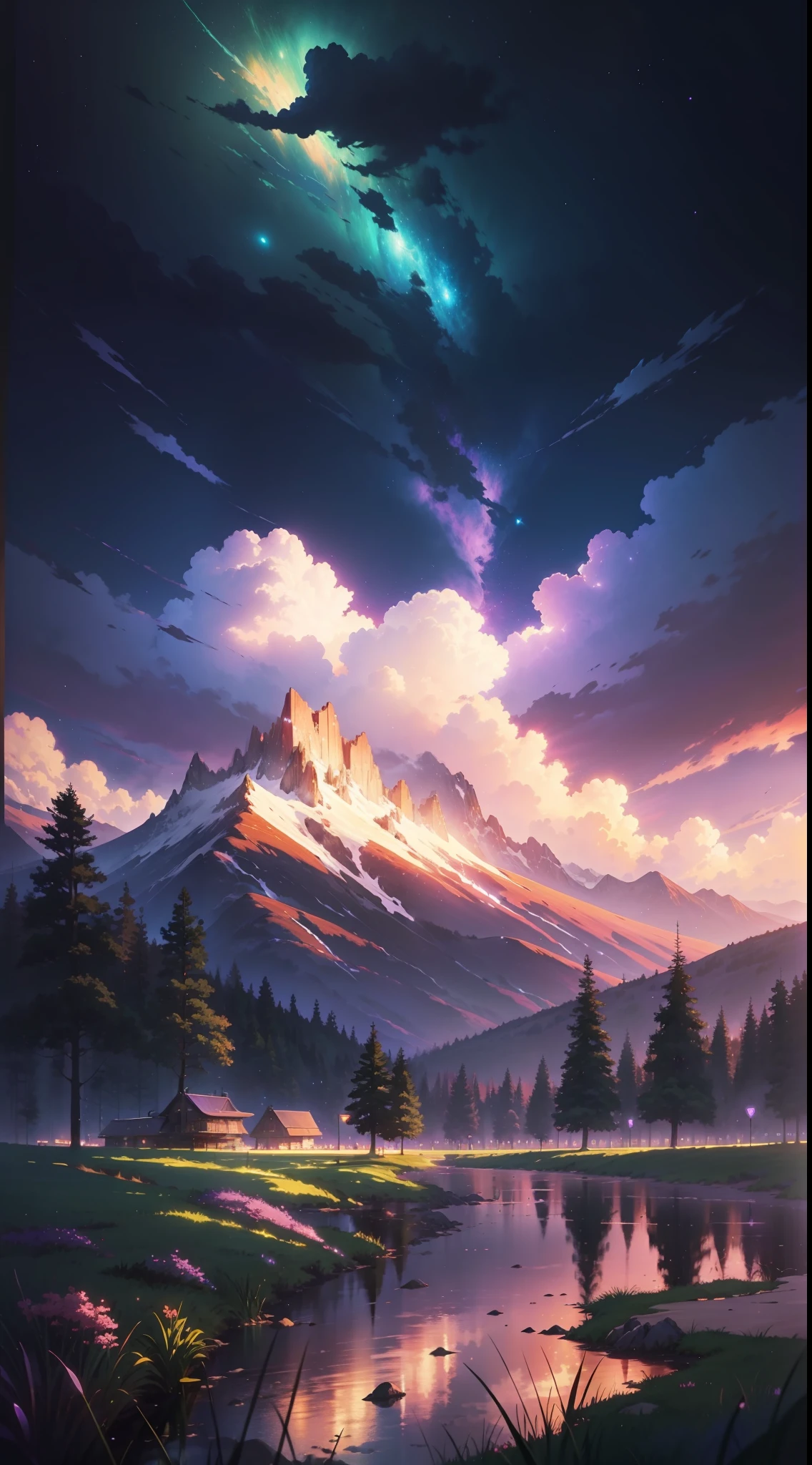 The picture is bright and well lit. no humans. (((Makoto Shinkai style)),pixiv,anime drawing,high quality,pink purple sky,beautiful scene),(universe,train passing,magical realism,((makoto shinkai style)) ::0.8), [Artistic Atmosphere, Atmosphere:0.8, Starry Sky, Hills, Snow Mountain, Sparkling Water, Grass, Trees, Smoke, Stars, Low Angle of View, Specular Scattering,