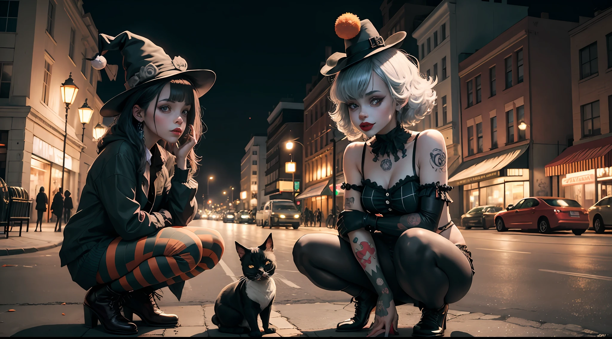 Clown girl and little black cat,City street intersection at night,Tattooed with,in a panoramic view,8K,halloween,Lots of pumpkins on the street