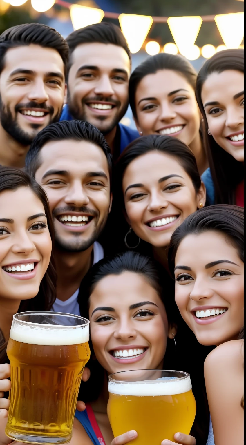 Selfie de 12 personas en 3 filas muy sonrientes a carcajadas brindando con jarras de cerveza, que se vean muy bien las cervezas