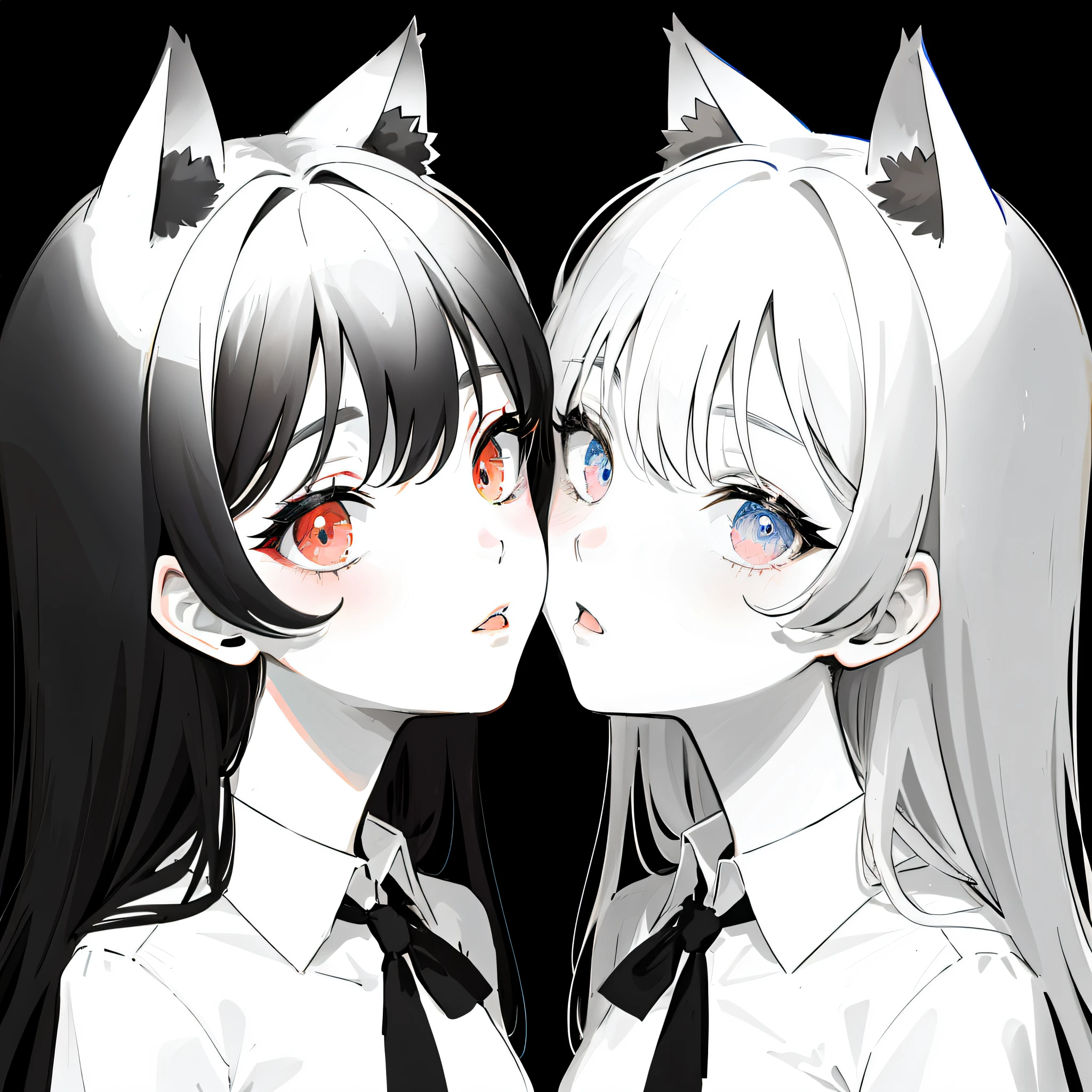 Two girls kissing each other, extremely+Detailed_face,_Eyes, The upper part of the body,cat ear,adolable,Close-up, Sketch, Flat color