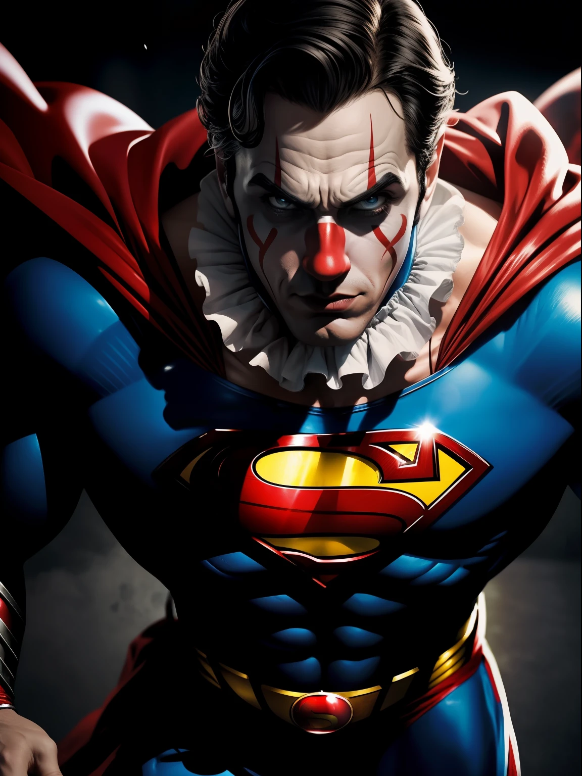 Dramatic Superman as a clown, full clown accessoris, cinematic, extreem realistic, extreem detailed, extreem Sharp, half body shot