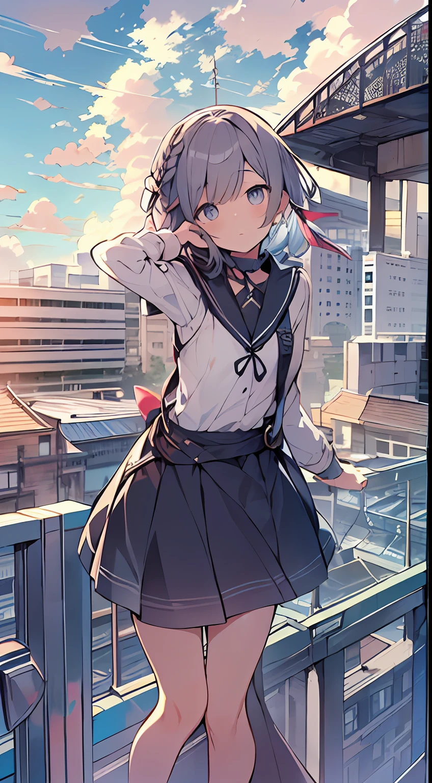 masutepiece, Best Quality,Illustration, Wallpaper, Ultra Detail, absurderes, 1loli, Solo, (Medium short hair、short braided hair), Beautiful detailed eyes , (Street), Beautiful sky,(a panoramic view:1.3),(Sense of depth:1.5),(longshot:1.5)