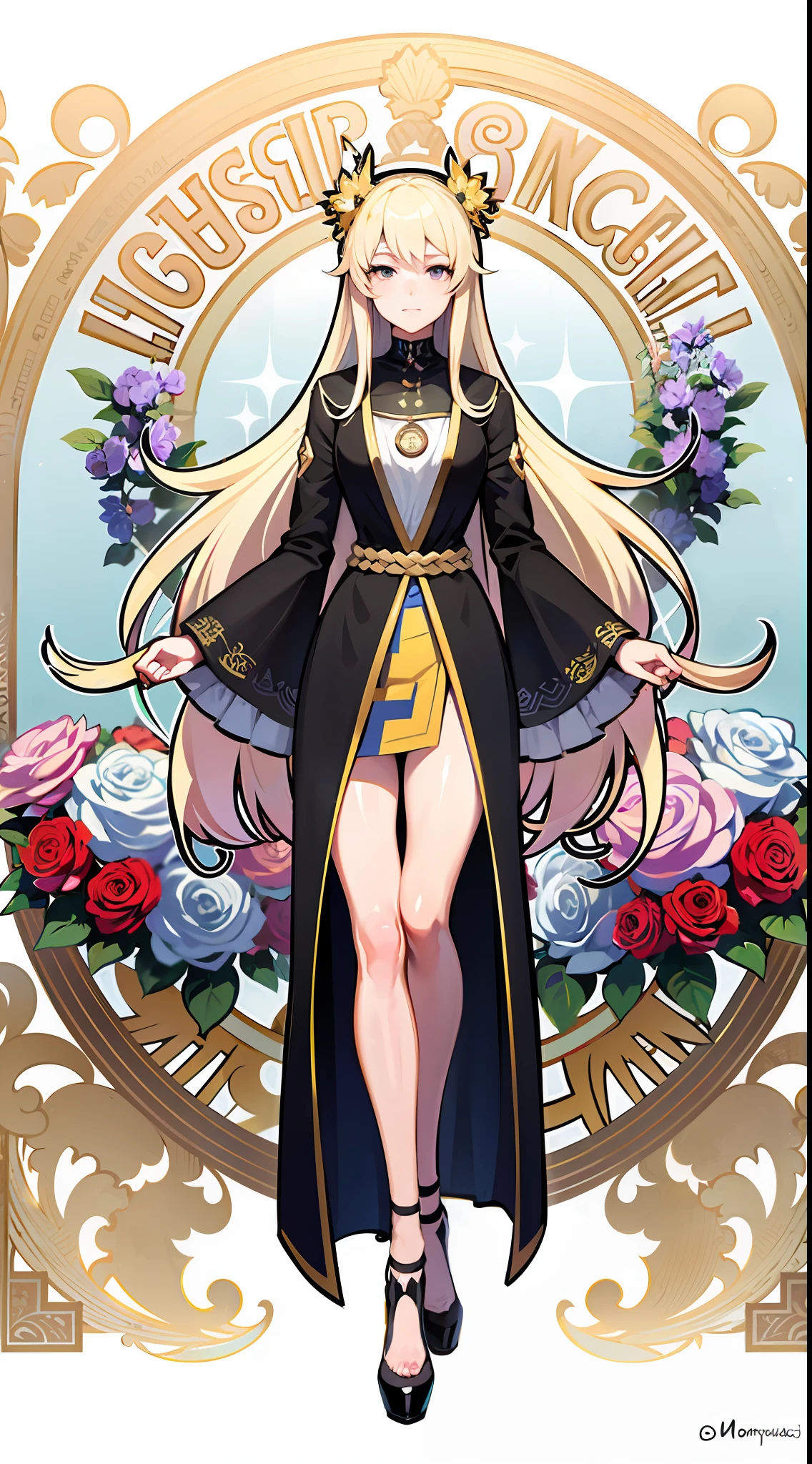 Full body portrait of a European woman,Hold a walkie-talkie,antennas,with long coiled hair,blond hairbl,Floral frame,Decorative panels,abstract artistic,Alphonse Mucha(tmasterpiece,best qualtiy,A high resolution:1.4),A detailed,complexdetails,4K,splash of color,Line art,Fibonacci,