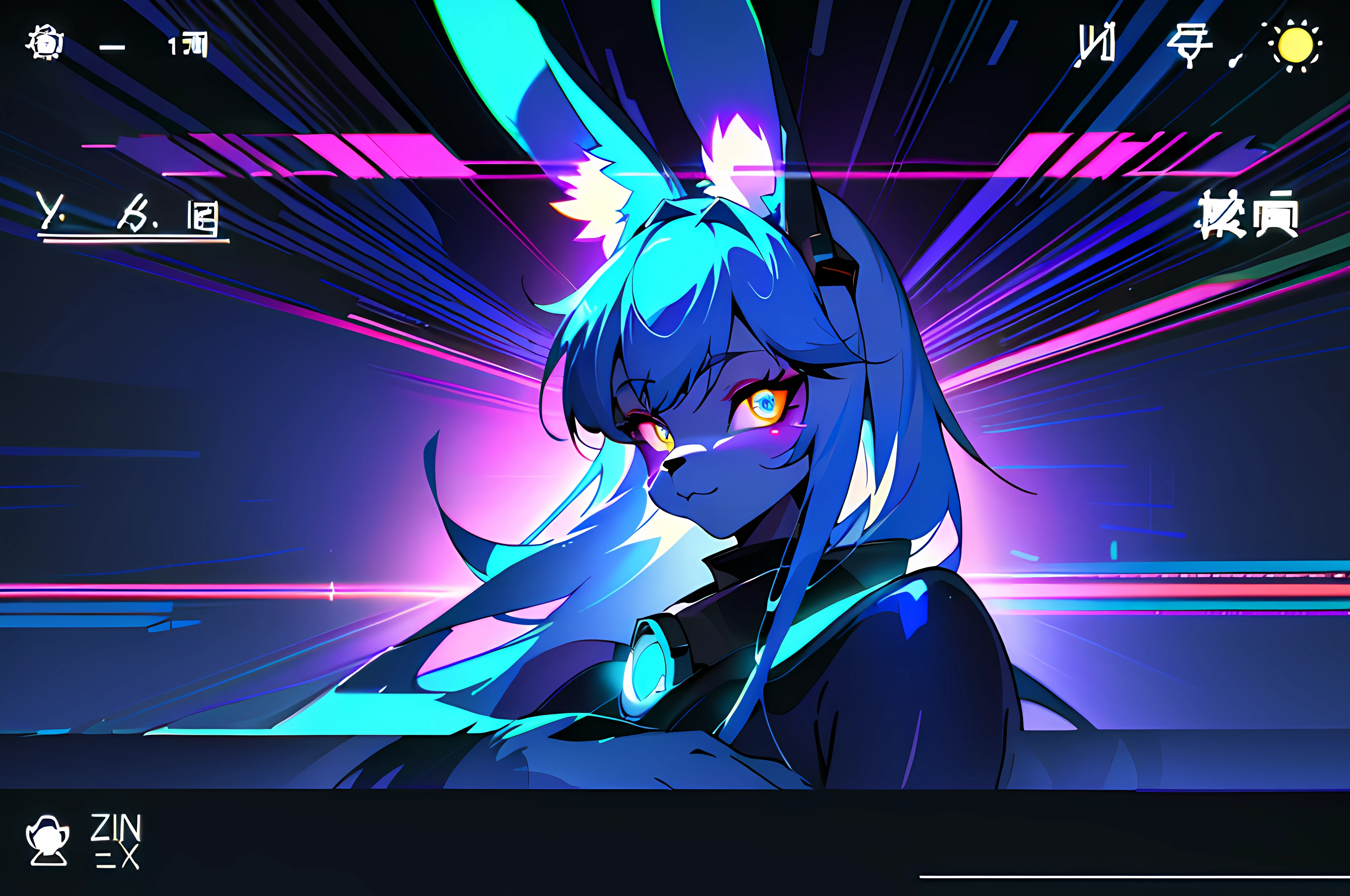 (vintage vhs), (crt screenshot), (Zen, Amy Sol style), (((blue anthro kemono furry rabbit))), underground cavern shining flashlight in old ruins, scene from a show about a blue anthro furry kemono rabbit who investigates deep space crime, (vast decrepit scenery:1.2) blame! style, nightmarish illustration, glowing eyes everywhere, intense eye contact, hybrid human / anthro, electrixbunny, rabbit anthro portrait, ((portrait)), bunnypunk, weirdcore voidpunk fursona, wearing bunny ears, cover art with light abstraction, abstract, simple vector art, contemporary Cybernetic art, color gradients, soft color palettes, layered forms, whimsical animation, style Ethereal abstract, 4K, --v6
