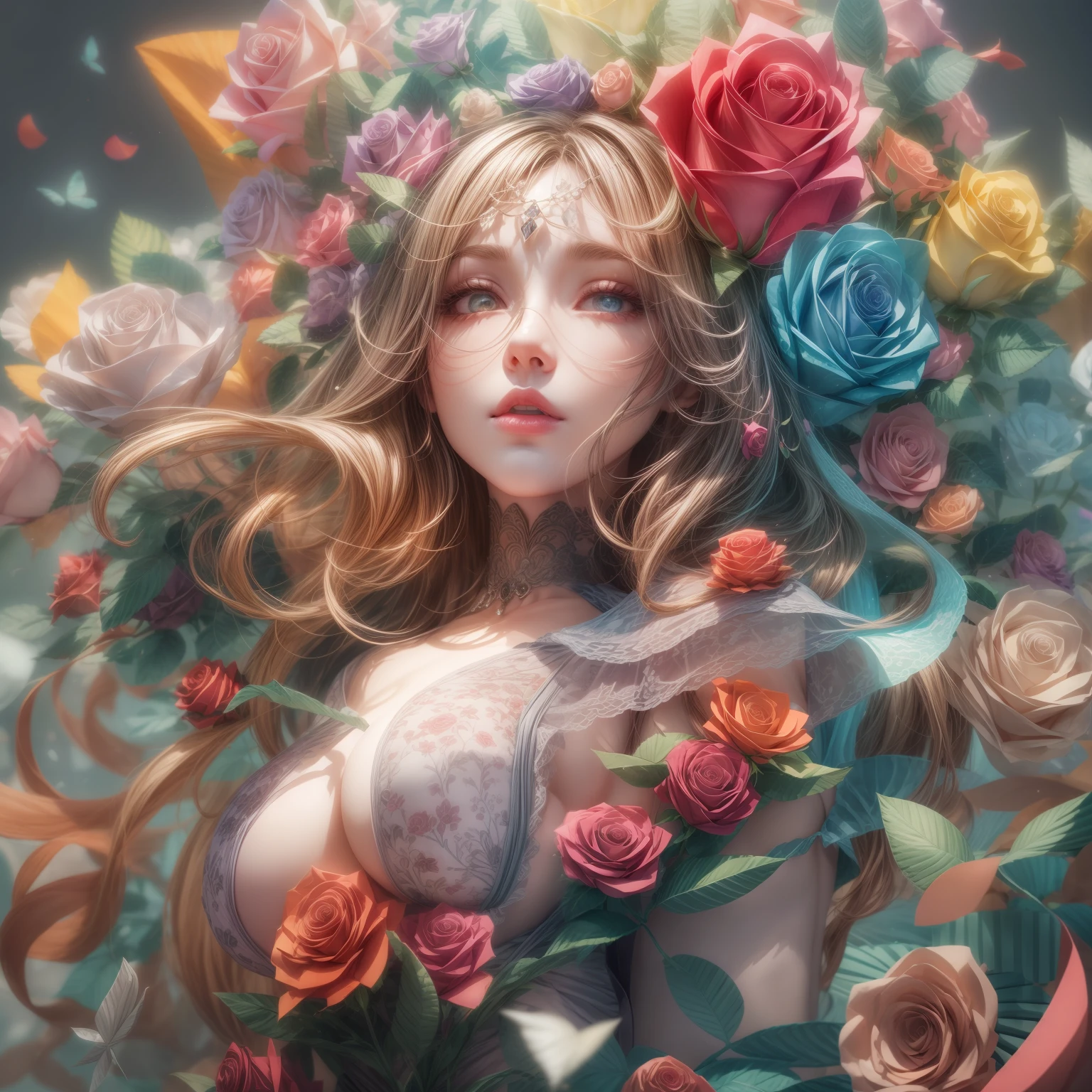 Rainbow color theme,(1个Giant Breast Girl,Masterpiece roses)(paper art:1.2,entangle:1.2,illustratio:1.2,geomerty:1.2,3Drenderingof)(best qualtiy,tmasterpiece,Cinematic lighting effects,4k,high detal,Chiaroscuro)