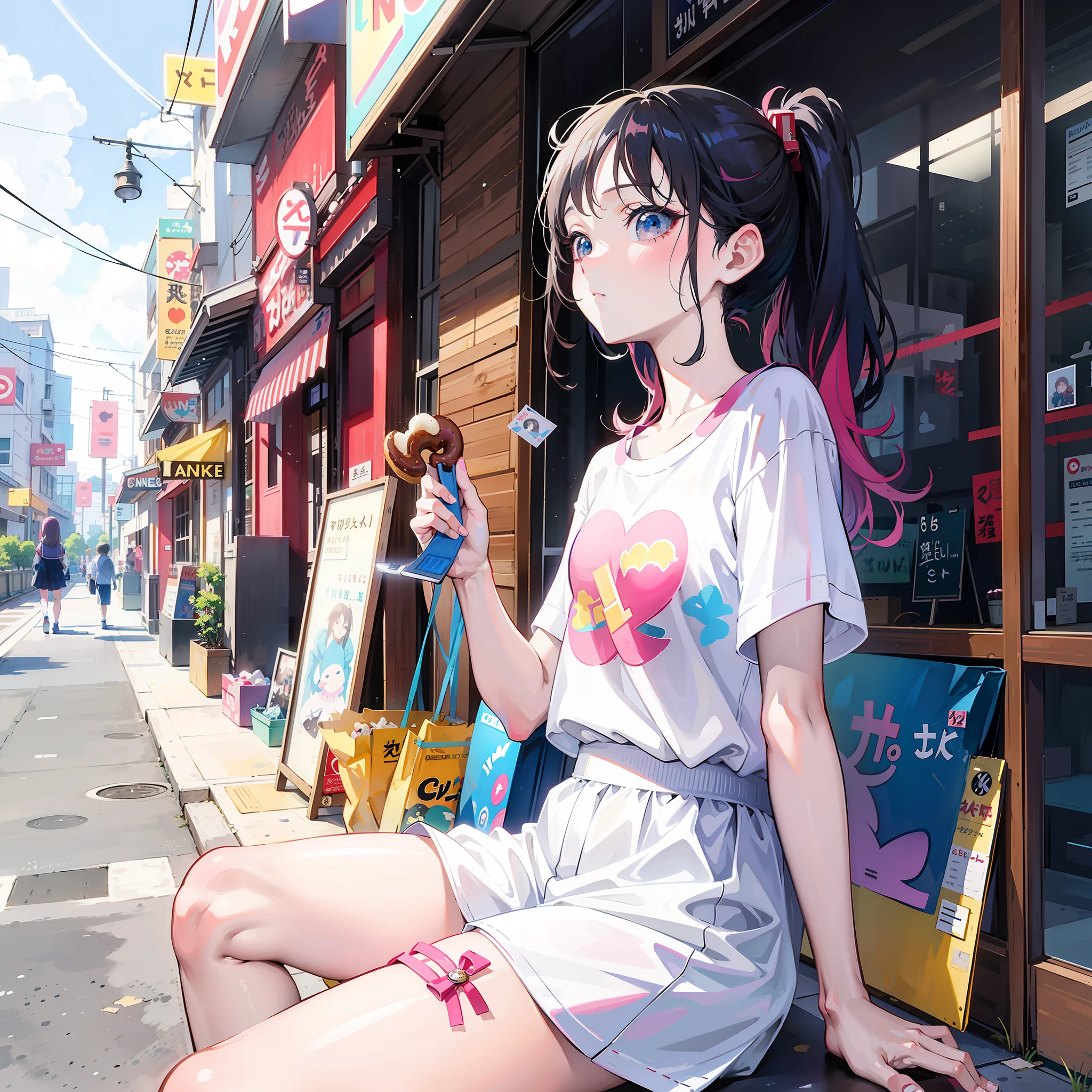 Anime girl sitting on bench eating donuts in front of store, Guviz-style artwork, Anime style mixed with Fujifilm, Realistic anime 3 D style, style of anime4 K, up of young anime girl, beautiful anime art style, lofi-girl, Anime style. 8K, By Yuumei, animeaesthetic, anime art style, Guviz