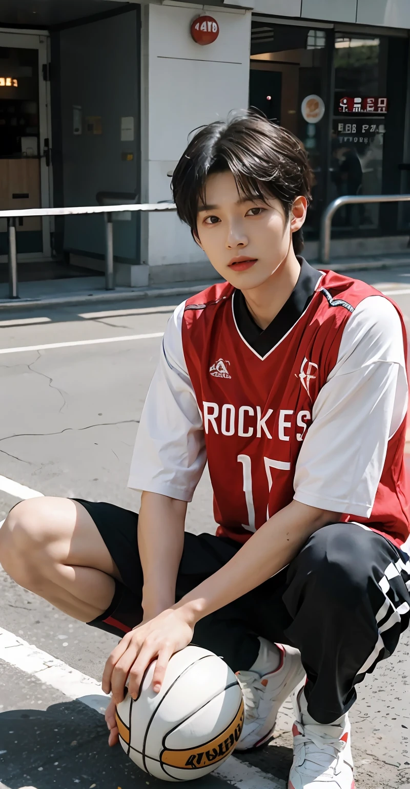 （Handsome Chinese guy：1.5）The young man sat cross-legged on the ground, wearing basketball jersey, Cai Xukun, wearing NBA jersey, rockets, Kim Tae-joon, hyung tae, young wan angel, tommy 1 6 years old, Kim Do-young, wearing a volleyball jersey, jung jaehyun, hsiao-ron, Shin Jinying, wenjun lin, yihao ren