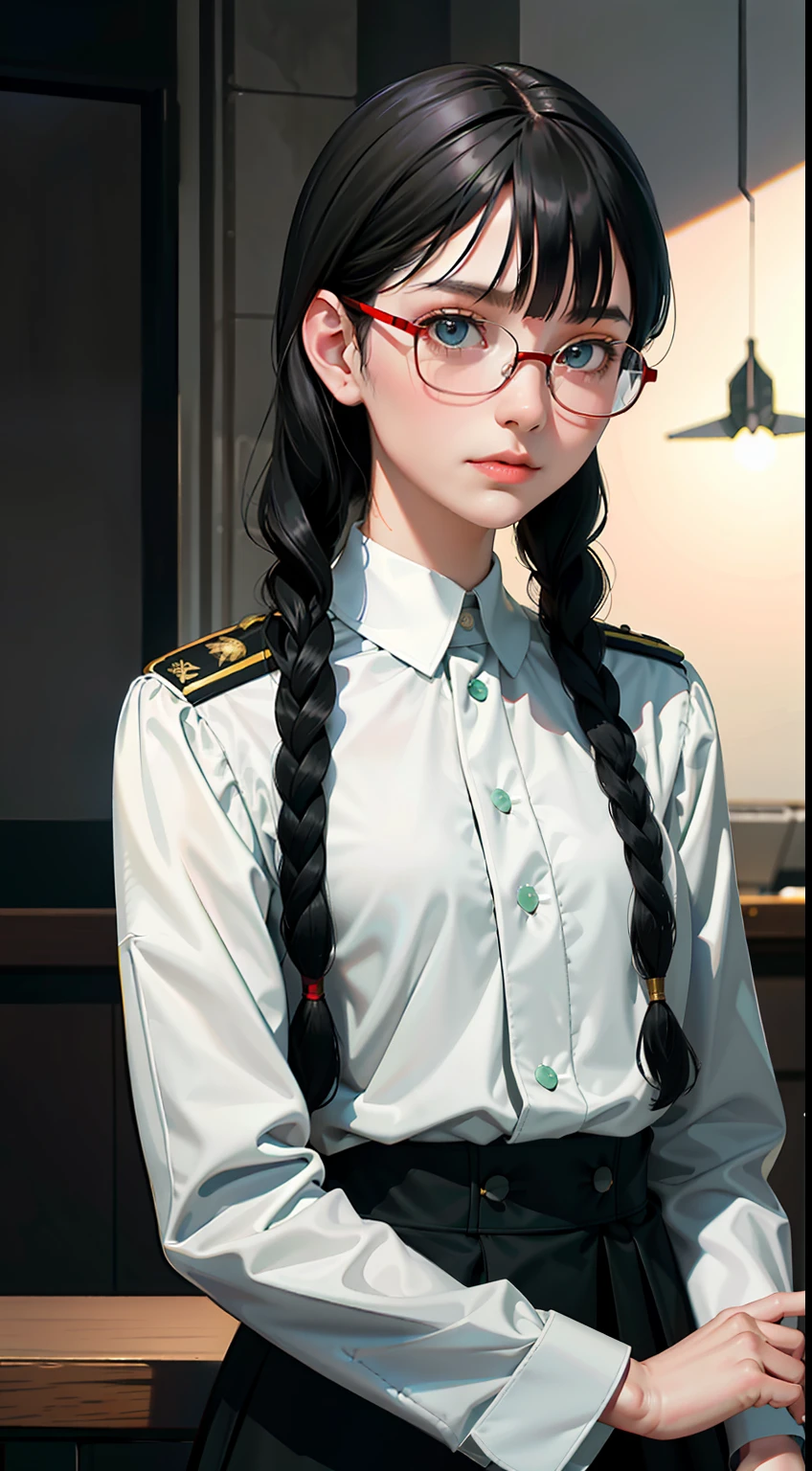 Modest outfit, remote shot, detailed beautiful delicate face, detailed beautiful delicate eyes, perfect facial proportions, high-definition skin, fine skin, four-inch best ratio. With one thumb, a masterpiece, highly detailed, realistic, (World War II German general uniform reference : 1.8), the highest face resolution, adult, modestly dressed woman, dressed entirely, ( small, black hair, black straight bangs, super fine braids, straight bangs, red glasses, dark green eyes), future, science fiction, fighter plane, standing On the landing of a fighter plane, the government agency, a deep intelligent personality, a calm expression, a respectful face, a war, a fighter plane