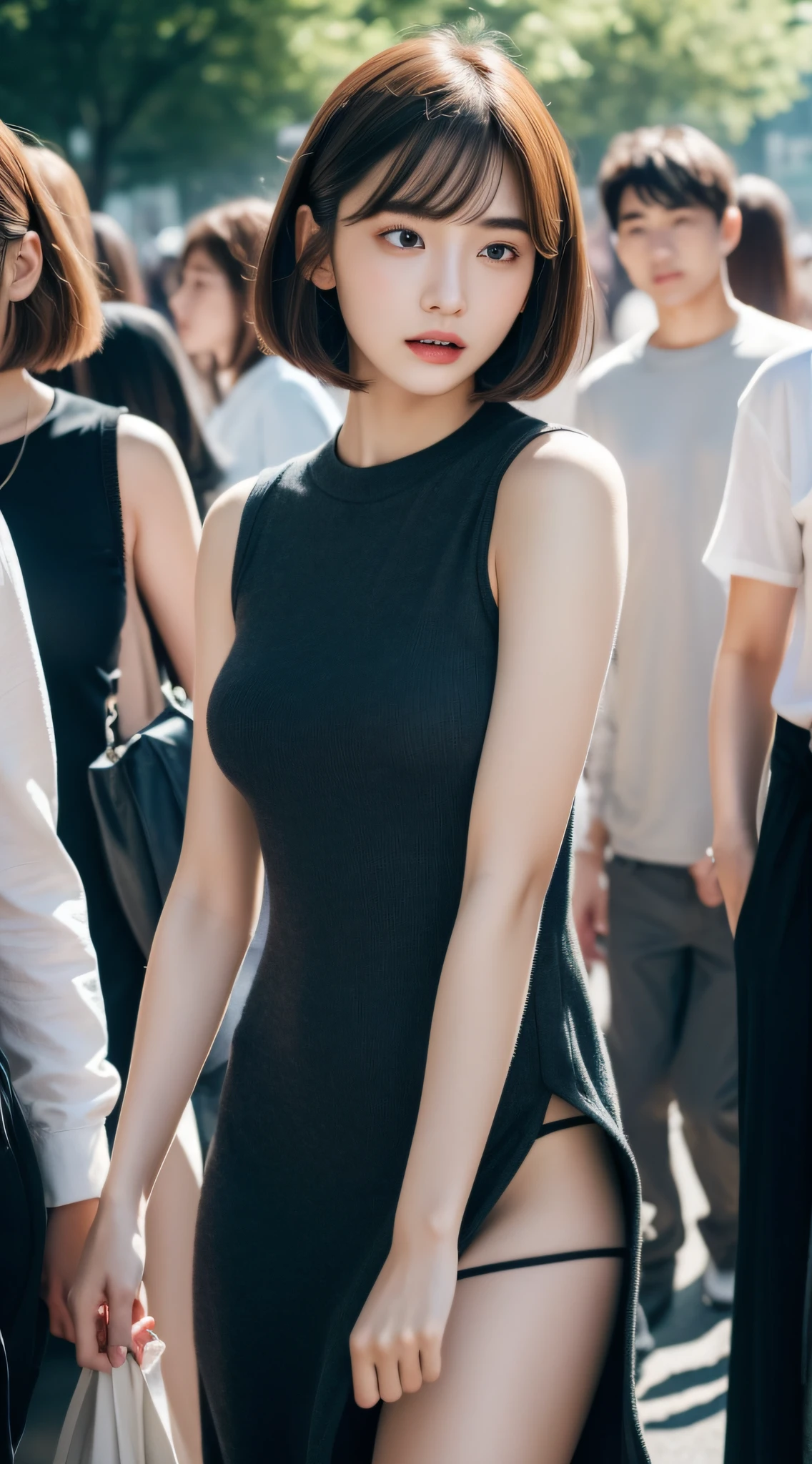 The 8k quality、Top image quality、超A high resolution、masterpiece、Photorealsitic、1 girl in、tense look、Trendy makeup、bob cuts、Trendy Fitted Dresses、ciinematic light、The protagonist、the chaos、Super Slender、D-cups、Do not wear underwear、in a crowd of people、Number of people who are about to be crushed、Dynamism、Magic Hour、Beginning of the story、Magazine covers、Focus only on the main character、The best looks in the world