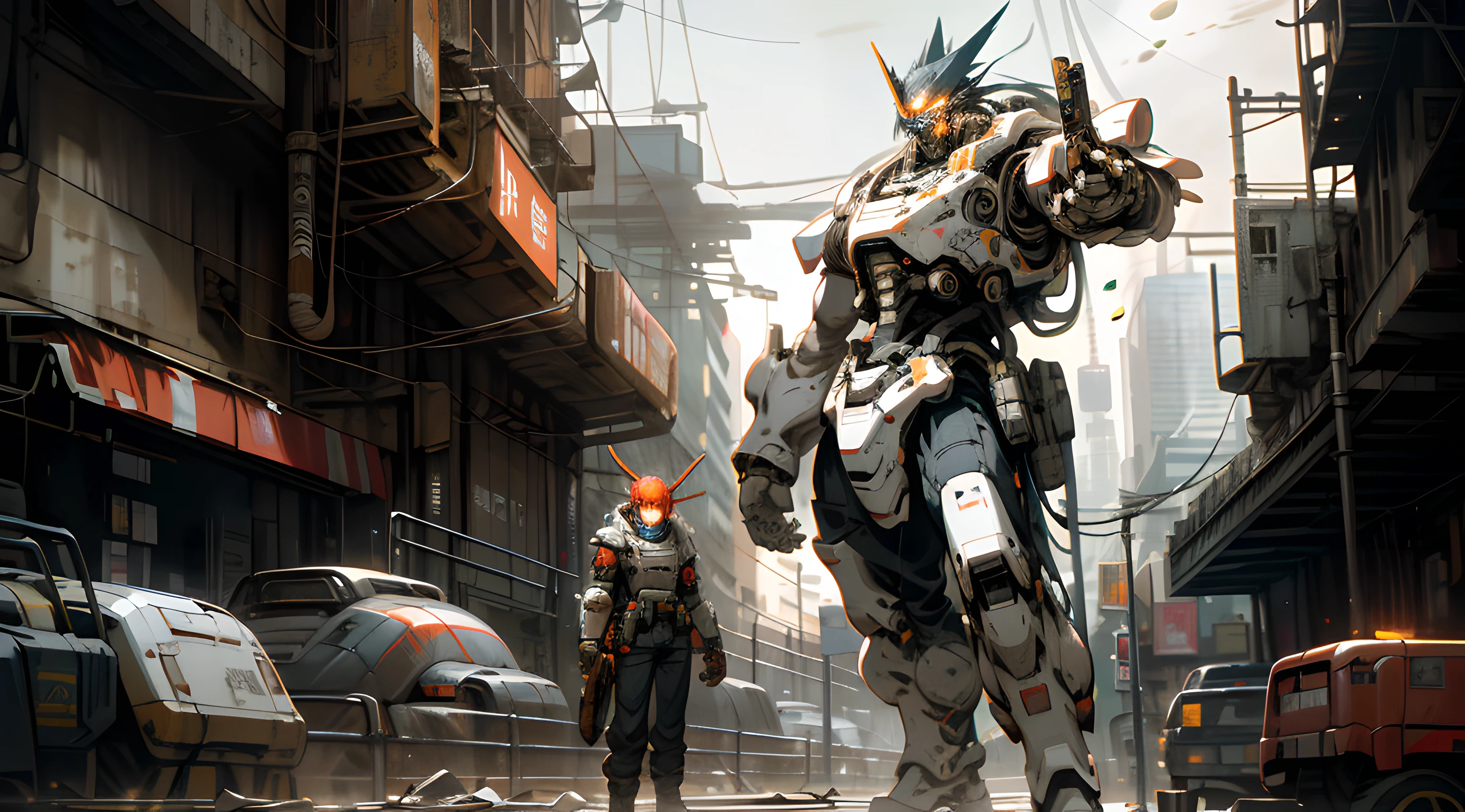 On the moon, barren planet, ruins, holding weapons, no humans, glowing, robot, building, glowing eyes, orange mech, science fiction, city, reality, mecha, galaxy background, full body, neon, cyber Punk, 8K wallpapers, ultra-detailed artwork, cinematic lighting, realistic photos, Dark_Fantasy, Cyberpunk, (chain saw, chain saw man, Red: 1.1), 1man, Mechanical marvel, Robotic presence, Cybernetic guardian, wearing a worn-out machine armor suit, intricate, (steel metal [rust]), elegant, sharp focus, photographed by greg rutkowski, soft lighting, vibrant colors, masterpiece, ((street)), cowboy shot, dynamic pose,