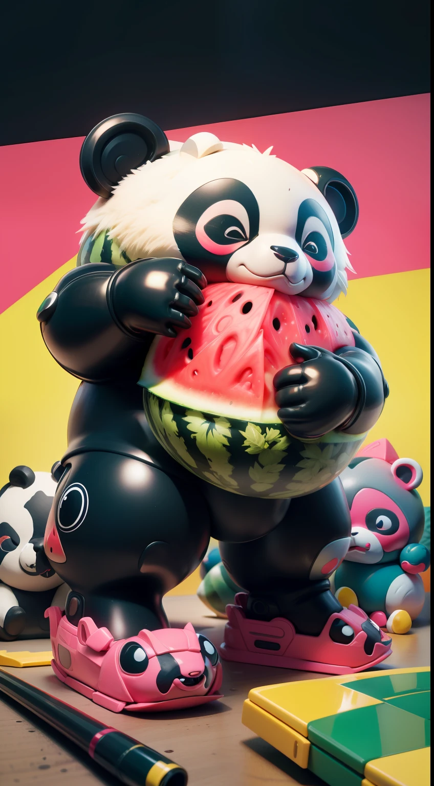 Mecha Panda Watermelon Panda eats watermelon cool color matching,Summer style,Mass-produced objects,Color drawings,kidcore,toycore,Clutter --ar 20:31 --s 50