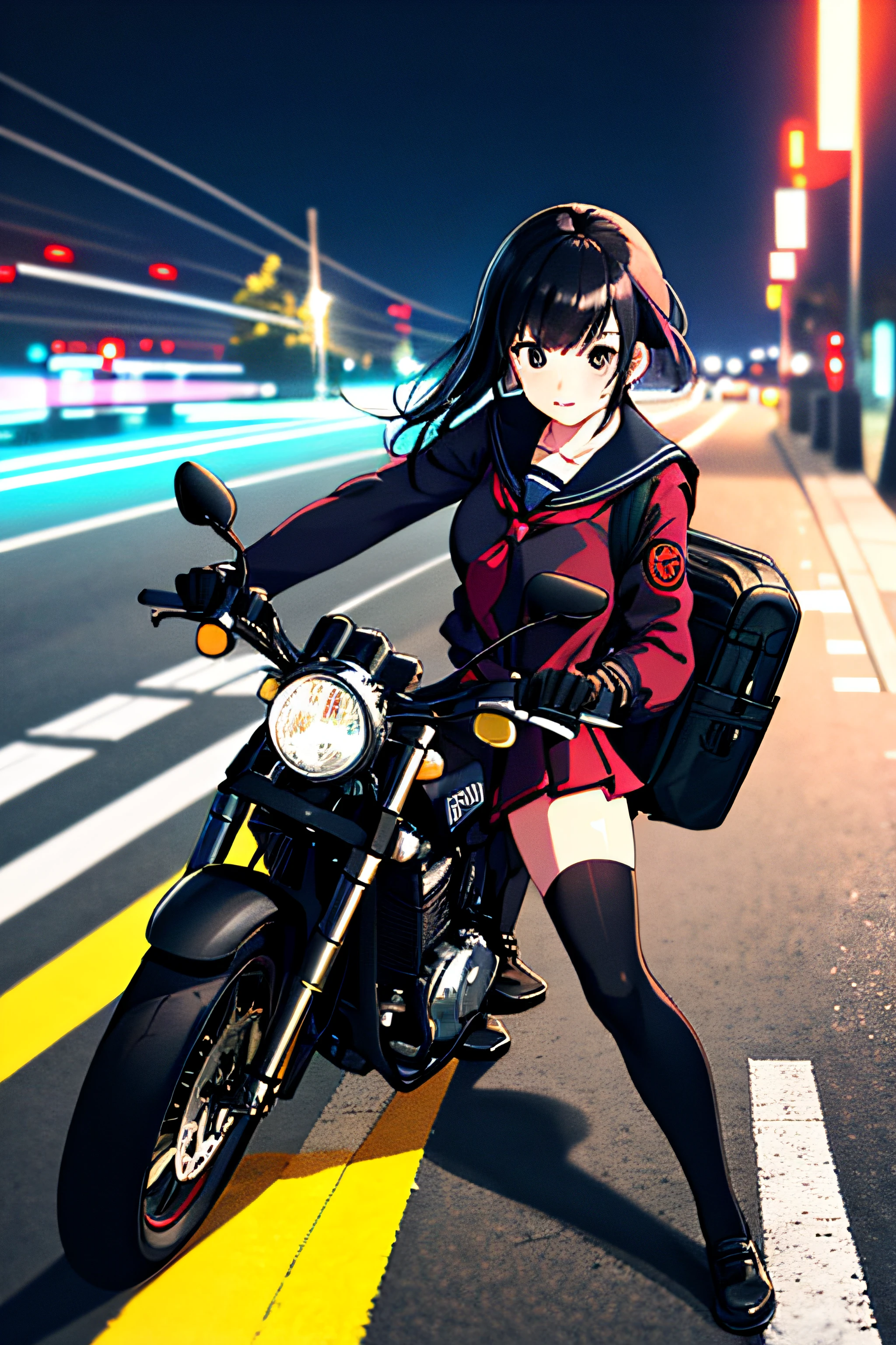 masterpiece, best quality, 1girl, solo, jacket, school uniform, serafuku, thighhighs, wearing gloves, wearing backpack, black hair, black eyes, cyberpunk, street, machinery, motor vehicle, motorcycle, panorama, wearing helmet, speed line, depth of field, motion blur, perspective, panorama, riding, floating hair, night, neon trim, hand on hand grip,