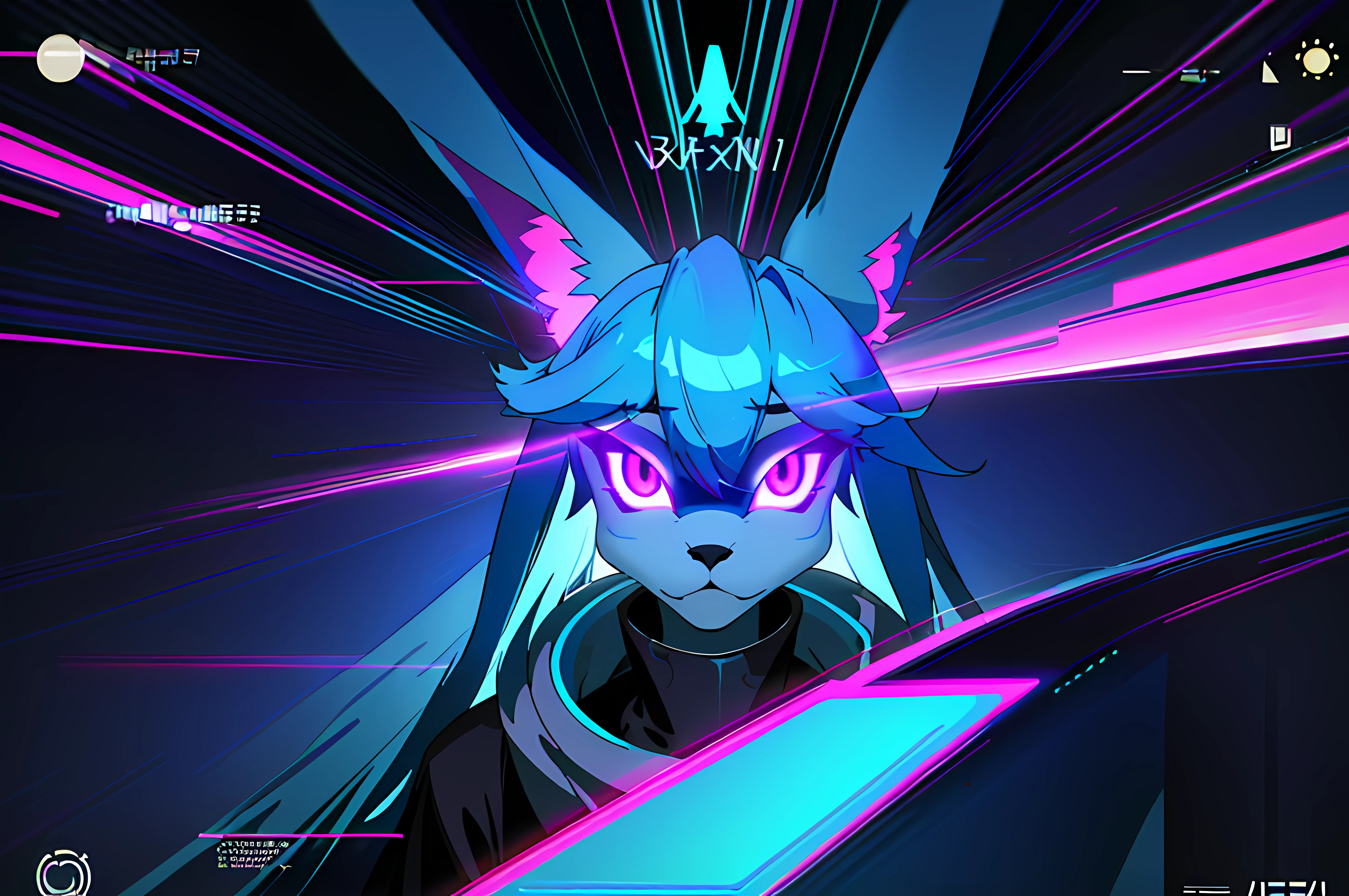 (vintage vhs), (crt screenshot), (Zen, Amy Sol style), (((blue anthro kemono furry rabbit))), underground cavern shining flashlight in old ruins, scene from a show about a blue anthro furry kemono rabbit who investigates deep space crime, (vast decrepit scenery:1.2) blame! style, nightmarish illustration, glowing eyes everywhere, intense eye contact, hybrid human / anthro, electrixbunny, rabbit anthro portrait, ((portrait)), bunnypunk, weirdcore voidpunk fursona, wearing bunny ears, cover art with light abstraction, abstract, simple vector art, contemporary Cybernetic art, color gradients, soft color palettes, layered forms, whimsical animation, style Ethereal abstract, 4K, --v6