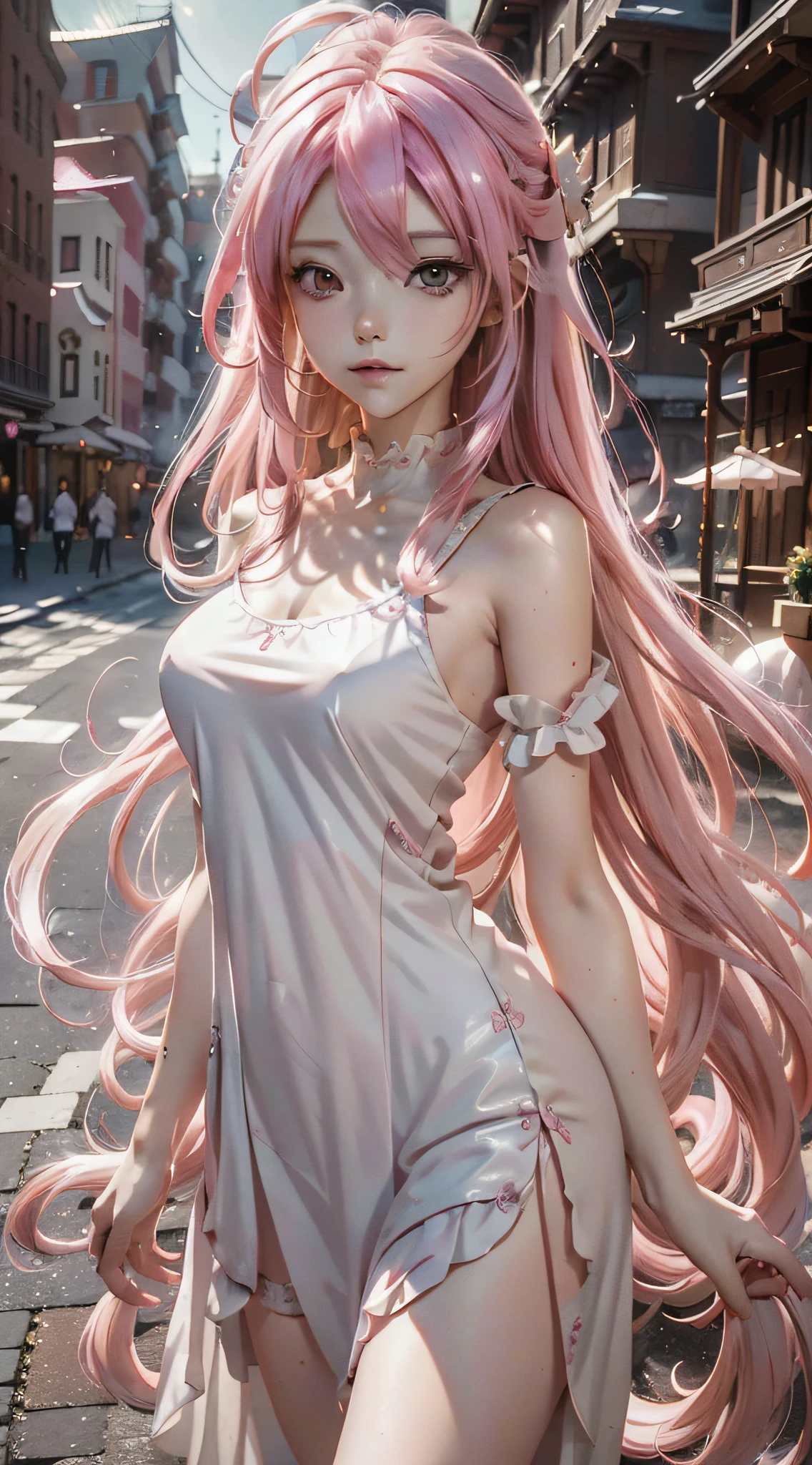 Anime girl posing for photo with pink hair and white dress, slender leg，Beautiful face，Guviz, Anime girl with long hair, beautiful fantasy anime, Beautiful anime girl, Anime art wallpaper 8 K, Anime wallpaper 4 k, Anime wallpaper 4K, 8K high quality detailed art, Anime fantasy artwork, Anime art wallpaper 4k, Anime art wallpaper 4 K