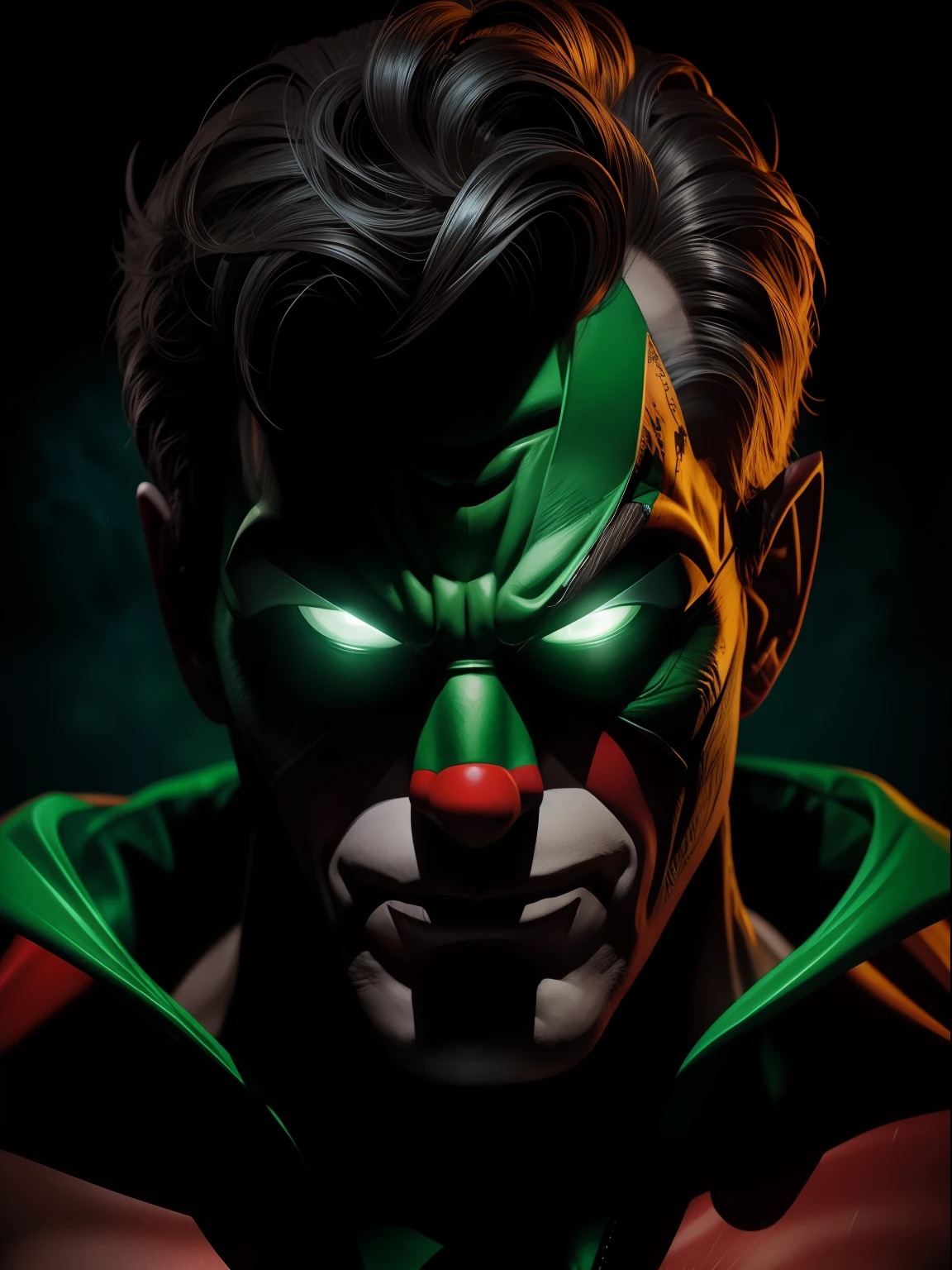Dramatic green lantern as a clown, full clown accessoris, cinematic, extreem realistic, extreem detailed, extreem Sharp, half body shot