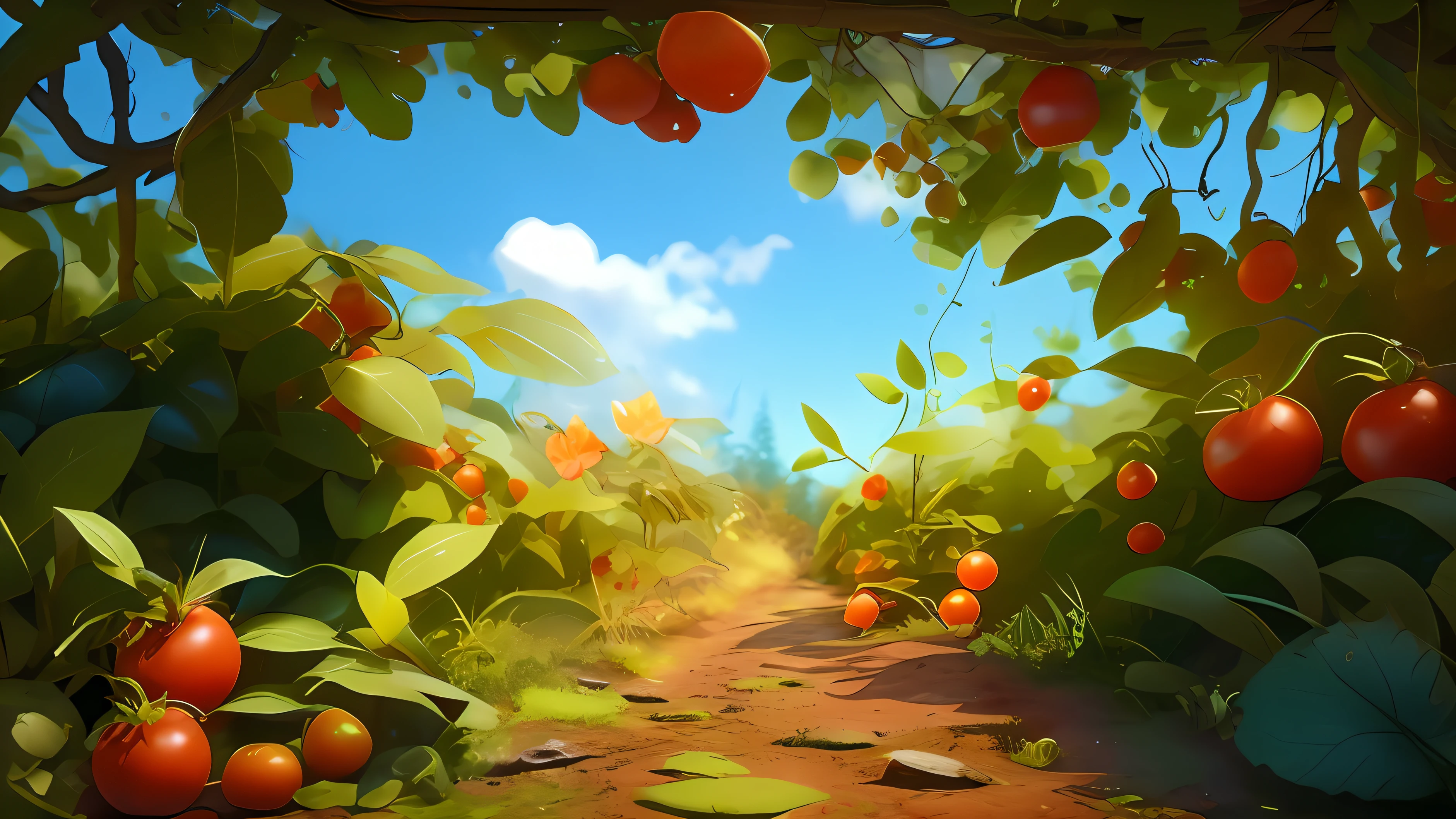 Wild scene, Tomato orchard, Red tomatoes hang from green delicate tomato seedlings on both sides, The wood on it is wrapped in delicate vines and tomatoes are hanging, The dirt road in the middle extends to the clear blue sky in the distance, Microscopic perspective, 8K, centered composition, Magic Forest, Still life photography, (The best quality), (The best shadow), Forest theme with natural elements. Emit particle effects, (nature elements), (Orchard theme) Isometric 3D, Octane rendering,ultra-detailliert，Super refined