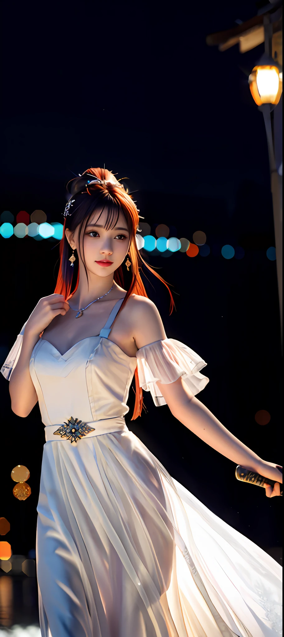 realisticity: 1.2), best quality, masterpiece, highres, cg, 1girl, weapon, sword, long hair, dress, water, solo, jewelry, white dress, earrings, hair ornament, splashing, upper body super realistis, hair bun, blue and orange hair, city backgraun realistis, lighting,candid, Photograph, high resolution, 4k, 8k, Bokeh,