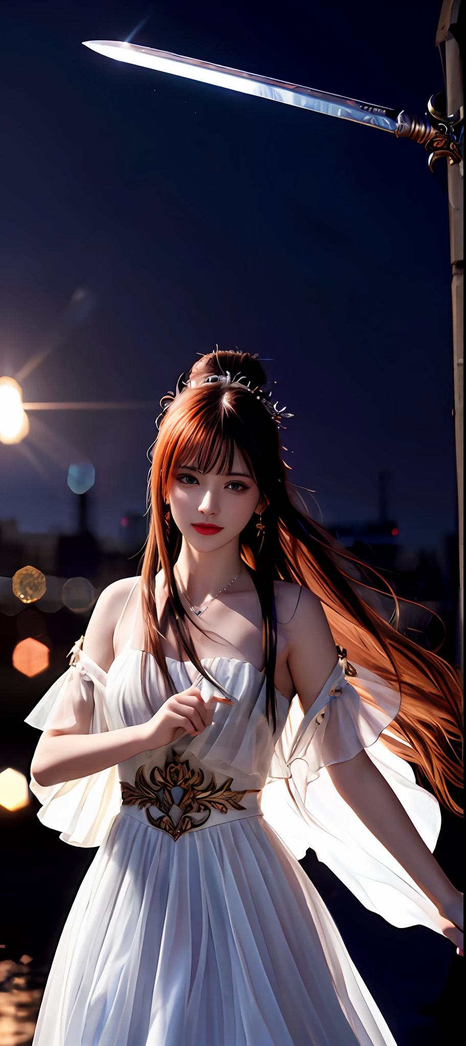 realisticity: 1.2), best quality, masterpiece, highres, cg, 1girl, weapon, sword, long hair, dress, water, solo, jewelry, white dress, earrings, hair ornament, splashing, upper body super realistis, hair bun, blue and orange hair, city backgraun realistis, lighting,candid, Photograph, high resolution, 4k, 8k, Bokeh,