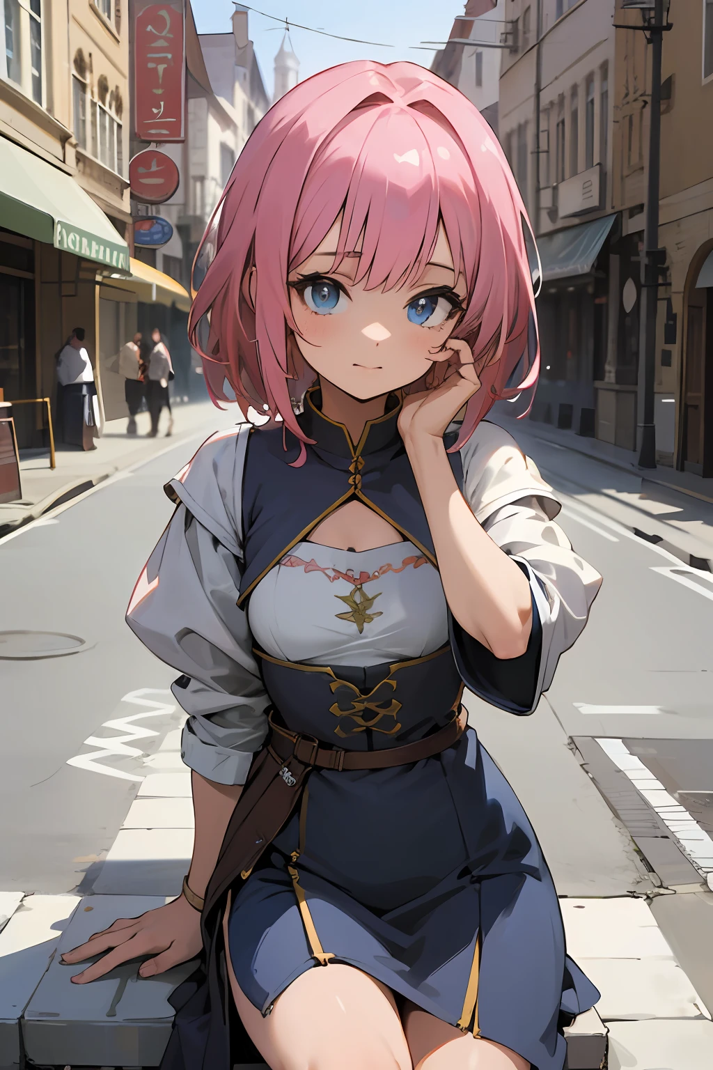1girl, pink hair, blue eyes, wearing medieval fantasy dress, high res, ultrasharp, 8k, masterpiece, perfect body, perfect face, cute face, sitting on the street, medieval city looking forward