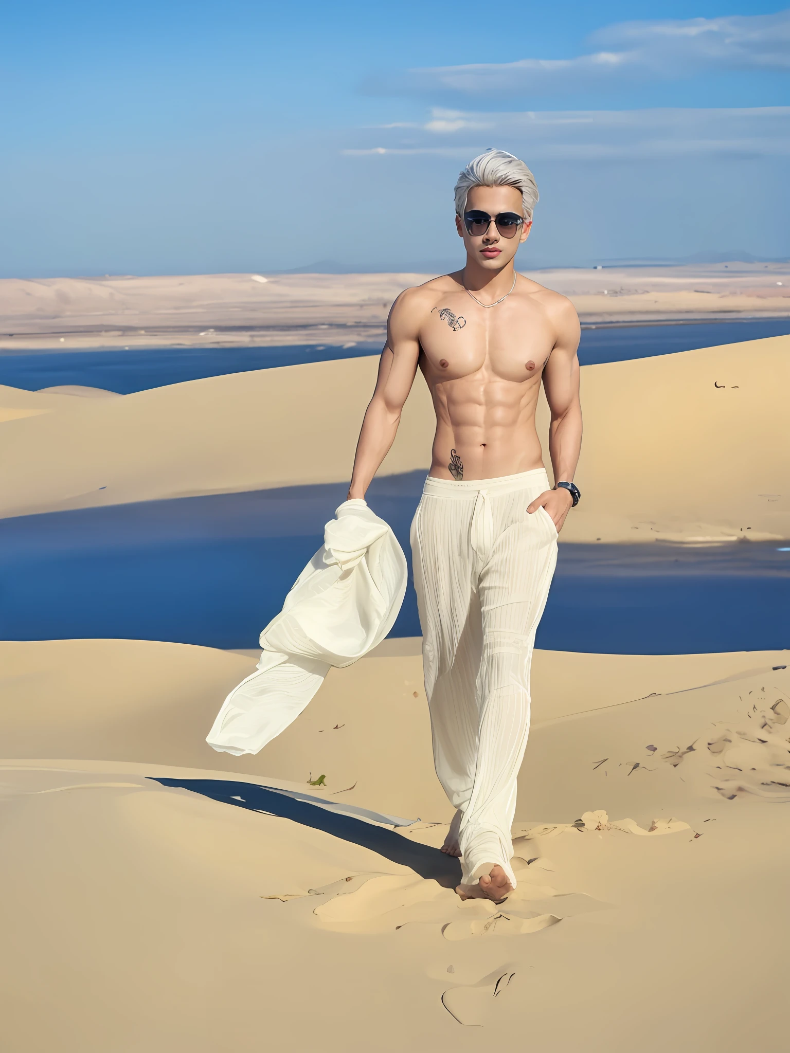 male with white hair and no shirt on laying on a bed, lean man with light tan skin, model with attractive body, male model, smooth body features, with abs, photorealistic perfect body, attractive body, shirtless :: high detail, smooth translucent white skin, asian male, posing in bed, y muscular body, beautiful handsome body, sexody and face