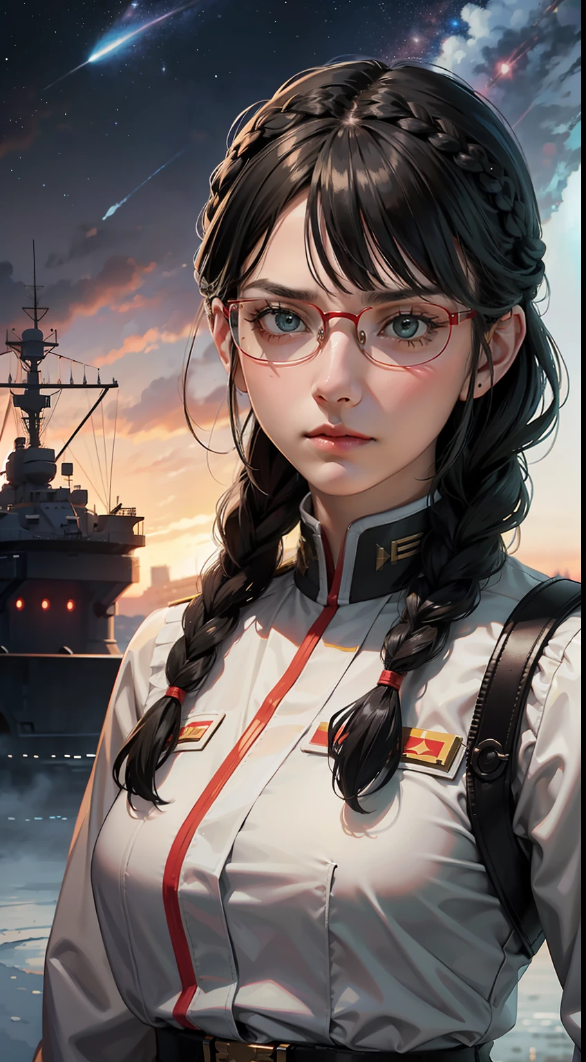 Movie Poster,((Braid Hairstyle : 1.5)),Anime Reference 86 ,Science Fiction,Sci-Fi,Movies,War Action Movies,Space,Atmosphere,Sky,Battleship,Multiple Characters,Women,Adults,Green Eyes,Black Hair,(Pia bangs hairstyle) : 1.8 ),(Red Glasses),General Uniform,White Commander Uniform,Serious Face Frowning,Realistic Face Detail,Realism,3D Face,
