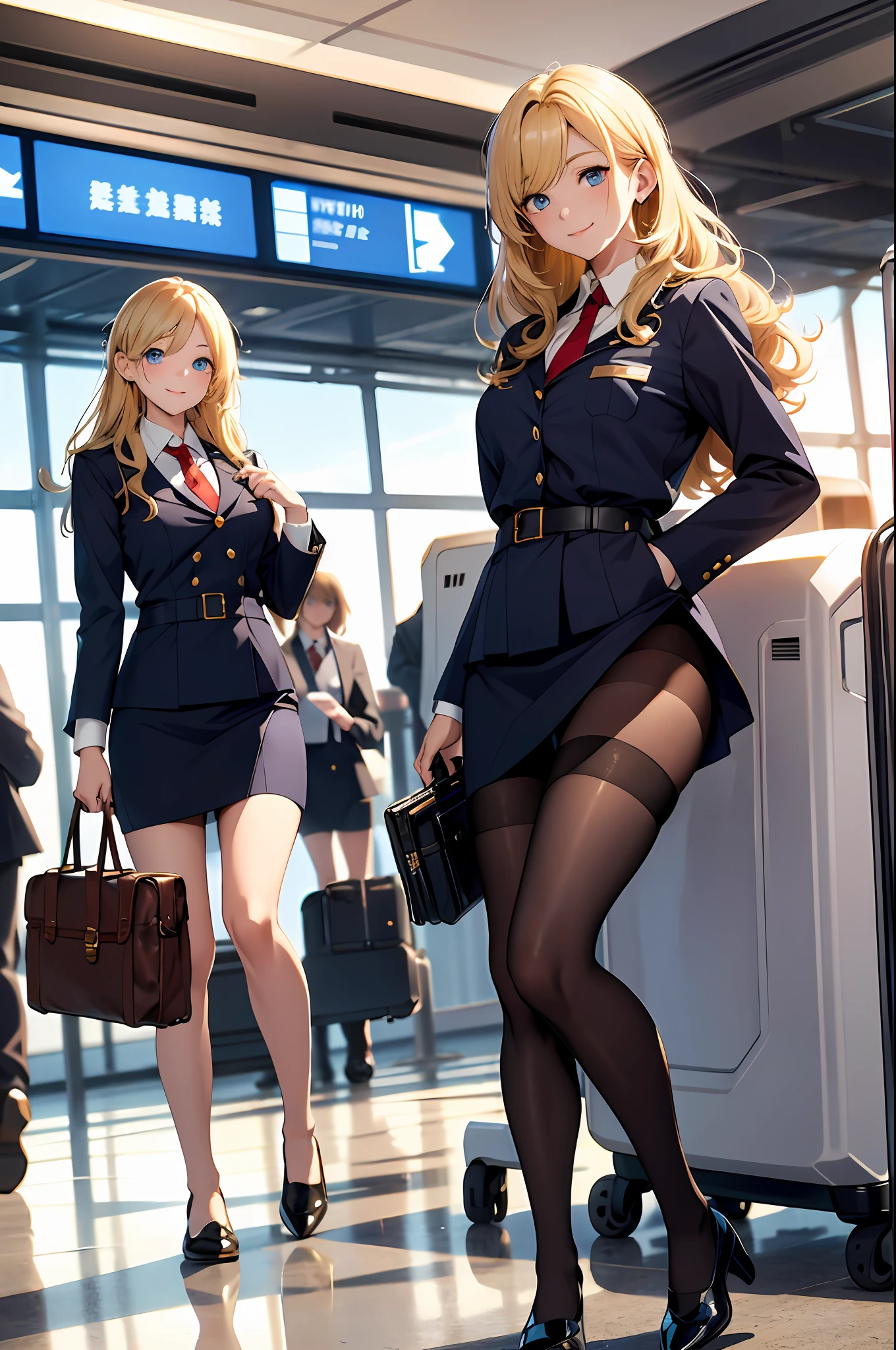 (top-quality、in 8K、32K、​masterpiece、nffsw、超A high resolution、Impresionismo、Photorealsitic:1.2)、Full body, (airport:1.4)、realistic shadow、beauitful face、blurry backround、16-year-old beautiful girl、shinny skin, Beautiful golden hair、Wavy Hair、Medium Hair、blue eyess、Stewardess uniform、pantyhose、Black shoes、A smile、Carry Case、thighs thighs thighs thighs、