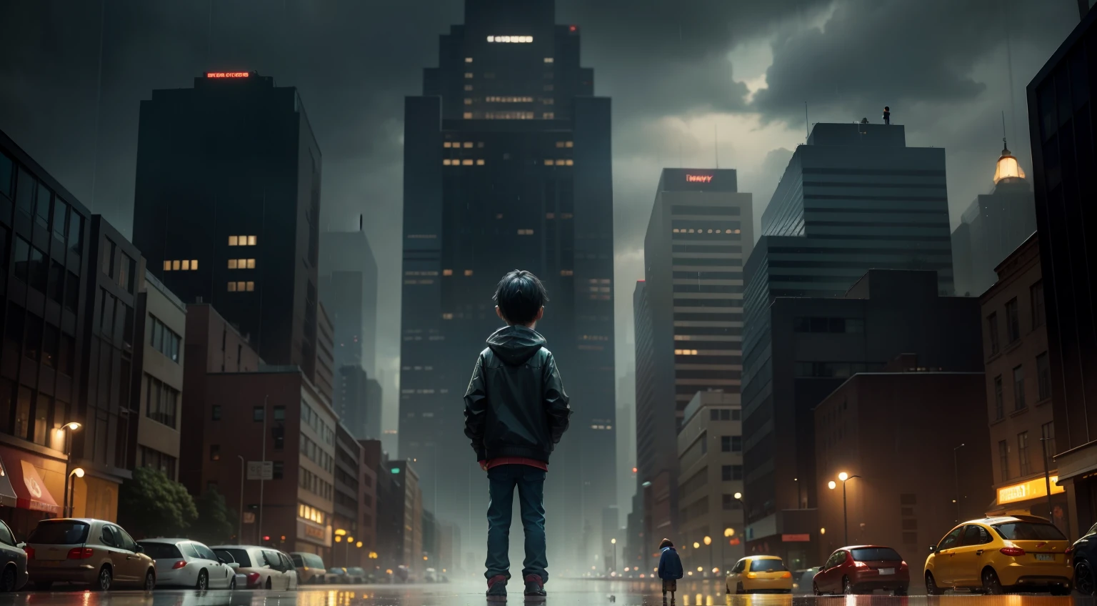 pixar-style,Rainy days,A little boy standing in a busy street,Look at the tall buildings in front of you,I don't know where to go