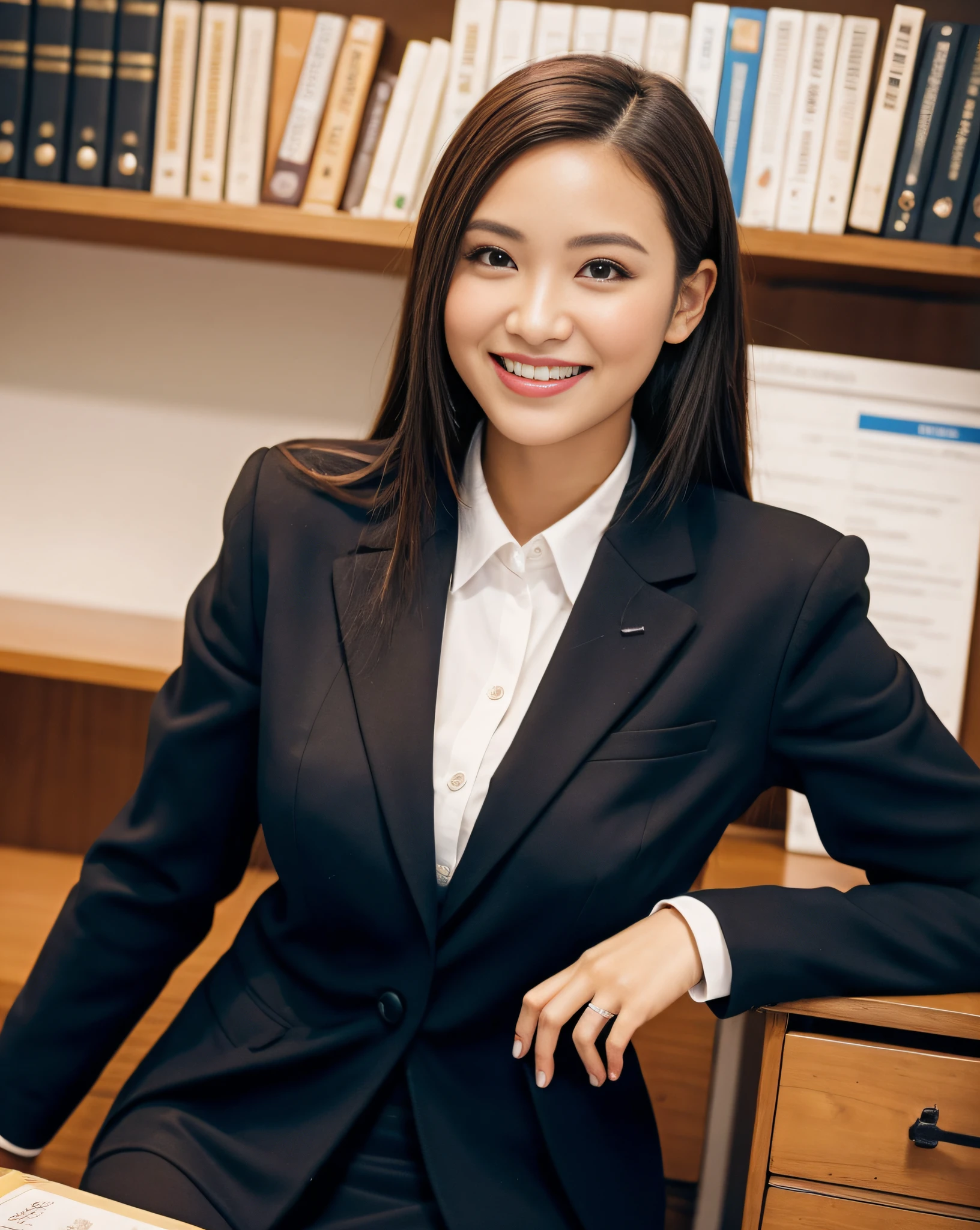 close up of 1 female, 35mm masterpiece, black suit, smile, mini skirt, on the desk in office