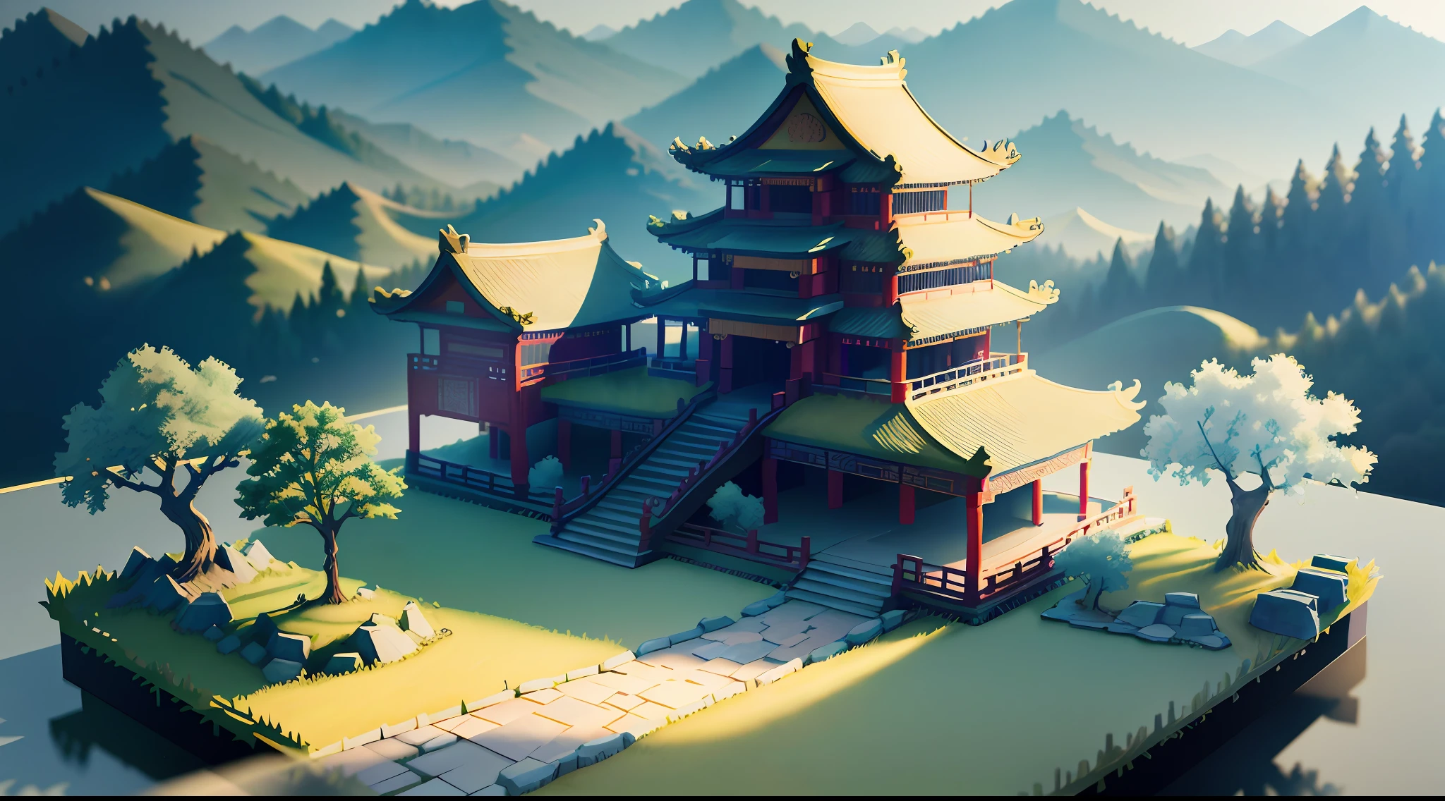 Landscape scene of ancient Chinese architecture, multidimensional paper style, (paper_cut:1.3), paper cutting craft, fantastic gradient color, stunning artwork, multi-dimensional paper craft, soft color, ultra wide angle picture, visual impact, 8k image, art, dream, paper cut art, vista, bright color, oc rendering, 3D relief, front view