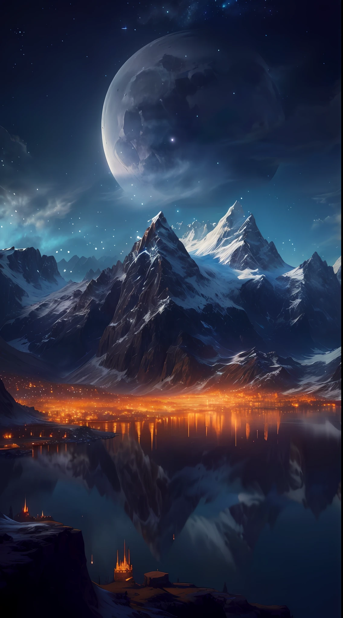 mountains and a lake with a moon in the sky, 4k highly detailed digital art, 4 k hd wallpaper very detailed, impressive fantasy landscape, sci-fi fantasy desktop wallpaper, unreal engine 4k wallpaper, 4k detailed digital art, sci-fi fantasy wallpaper, epic dreamlike fantasy landscape, 4k hd matte digital painting, 8k stunning artwork