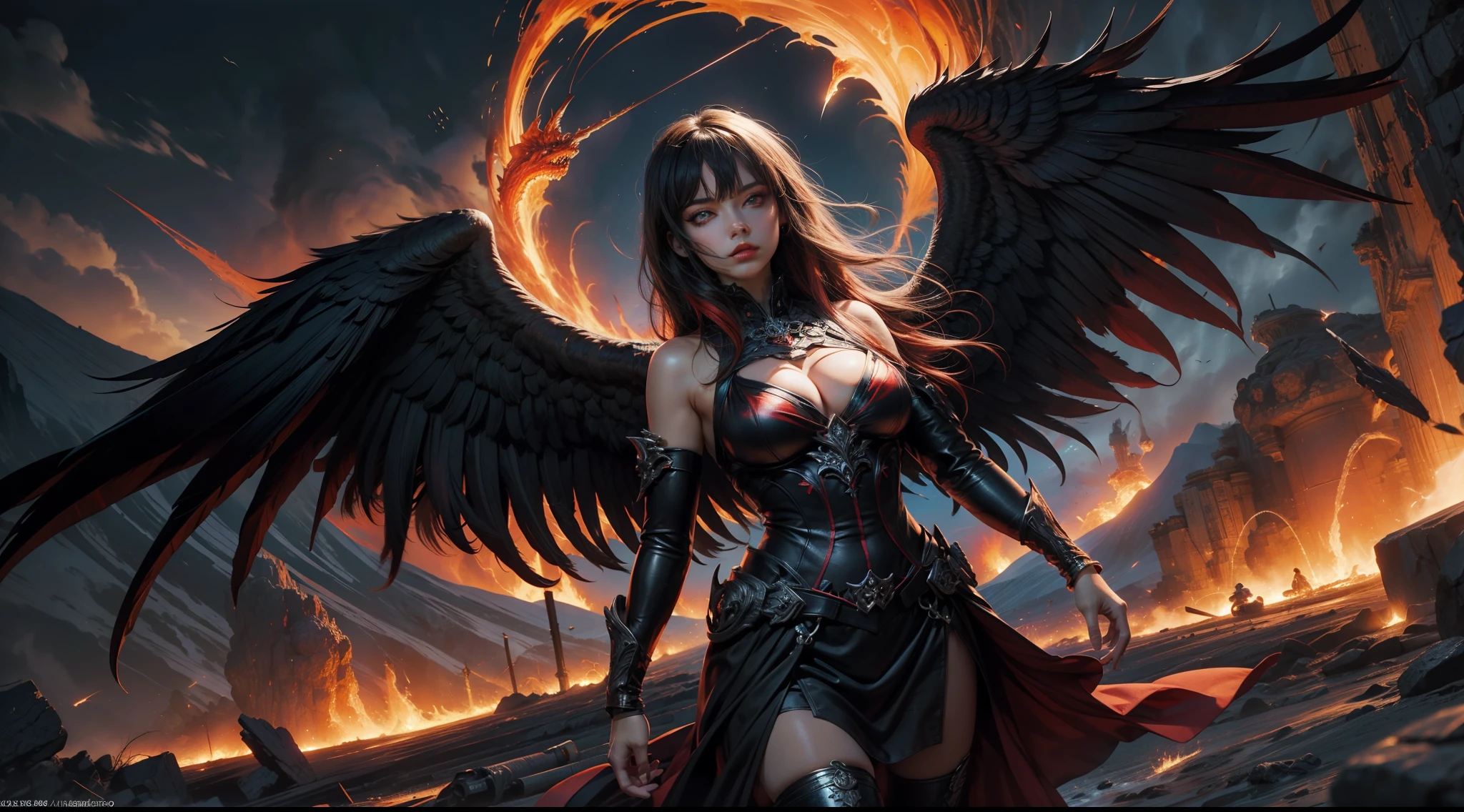 (Award-winning digital artwork:1.3) af (sketching:1.3),(with dynamism:1.3),(Saturation:1.3),(Close portrait:1.3),(femele:1.4),(big breasts beautiful: 1.4),(carismatic:1.3),angelicales,Red eyes,Bright magic,volcano background,Large breasts,complex patterns,Film filter, ,dramatics,dynamicposes,illusory engine, (High detail: 1.9),mystic symbols,black toga,massive wings,Black wings,red color eyes,Arrogant look,molten lava