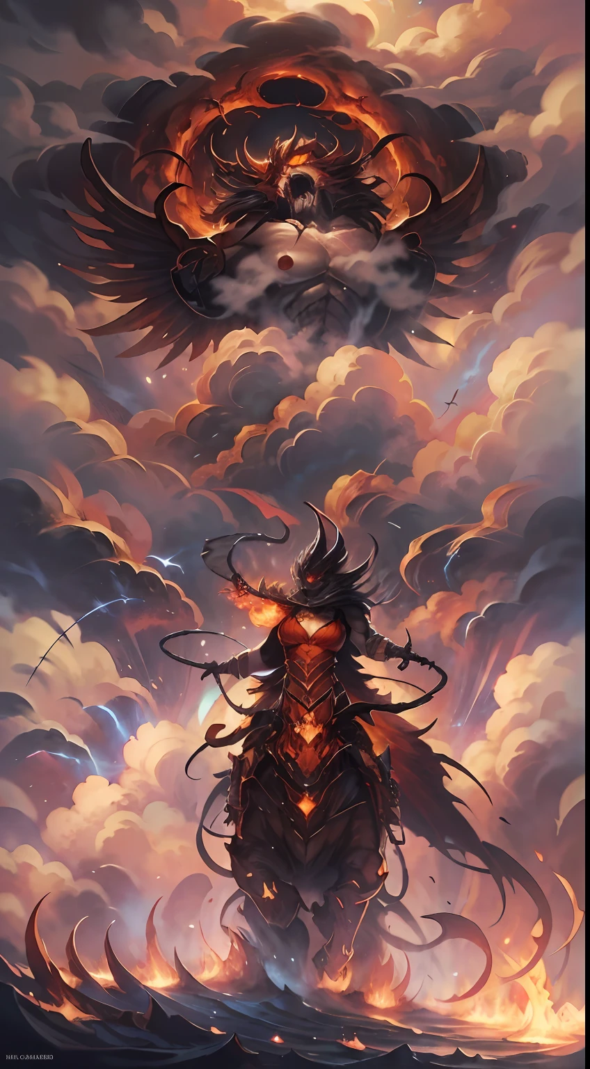 （Messenger from hell：1.4），hell，magma，The whole body was wrapped in fiery red flames，（Look up at the perspective：1.4），（（Super huge, Thick and sharp giant claws）），（（（Black scales））），（（（The scales are covered with thick barbs）））（（Super thick and terrifying scales）），covered all over the body，（（Bloodthirsty and murderous devil man）），（charging up：1.4），Ugly face，closeup cleavage，Lightning streaked across the sky，（（（A tumbling thick sea of clouds is at your feet））），（There was blood everywhere），（（Blood dripped from between the paws）），（stereoscopic perspective：1.4），Works of masters，super-fine，4K分辨率，high qulity，电影灯光，High picture detail，Detailed pubic hair，Epic shooting