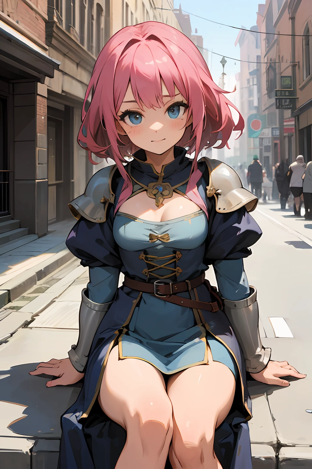 1girl, pink hair, blue eyes, wearing medieval fantasy dress, high res, ultrasharp, 8k, masterpiece, perfect body, perfect face, cute face, sitting on the street, medieval city looking forward